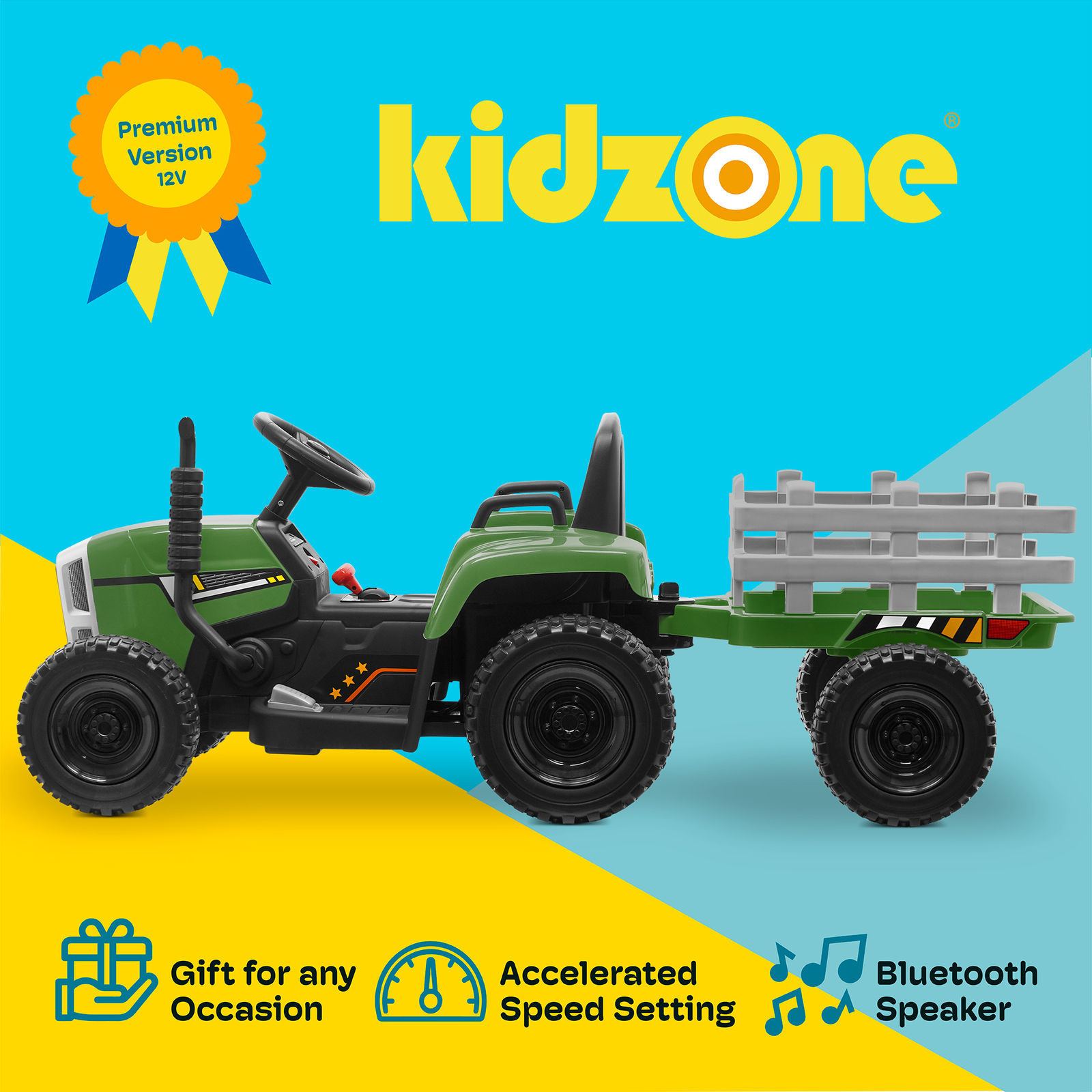 Kidzone 12V 7AH Kids Ride On Electric Tractor W/Trailer LED, Bluetooth