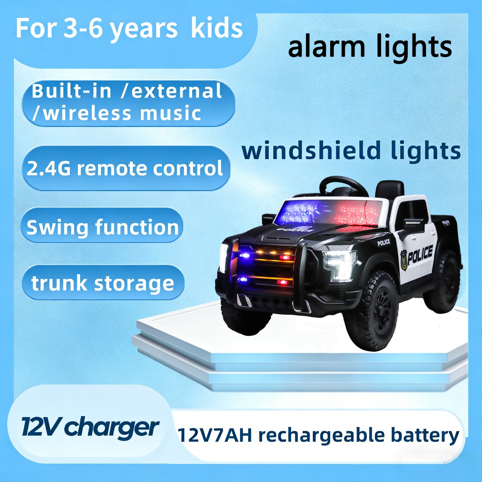 Kids Ride On Police Car 12V Dual Motors Remote Control Music Lights