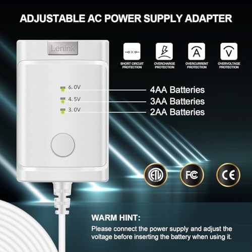 Adjustable AC Power Supply Adapter for AA Batteries, 3V to 6V, LED White