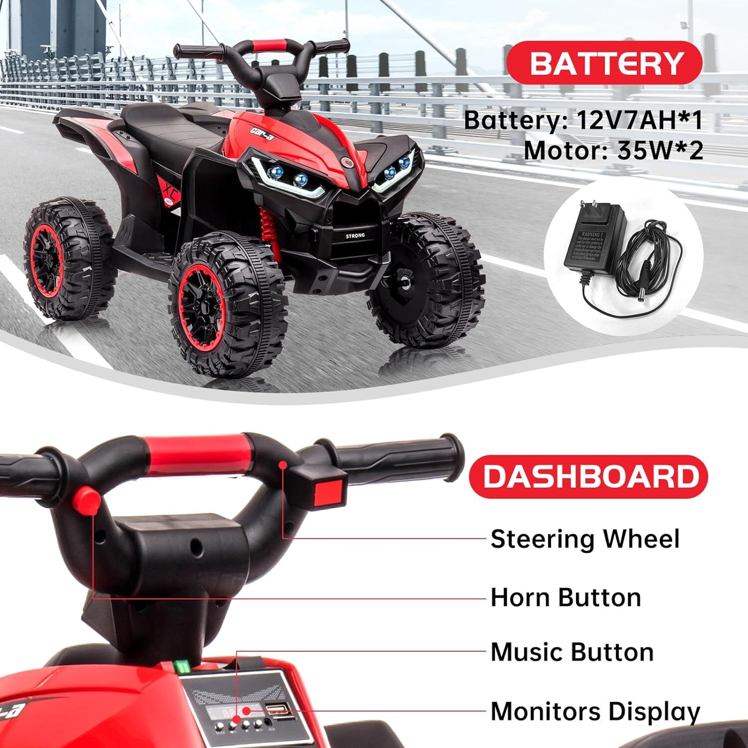 🍊🍅Kids ATV Ride on Toy 12V 4 Wheeler Battery Powered Quad Toy Vehicle LED Ligh