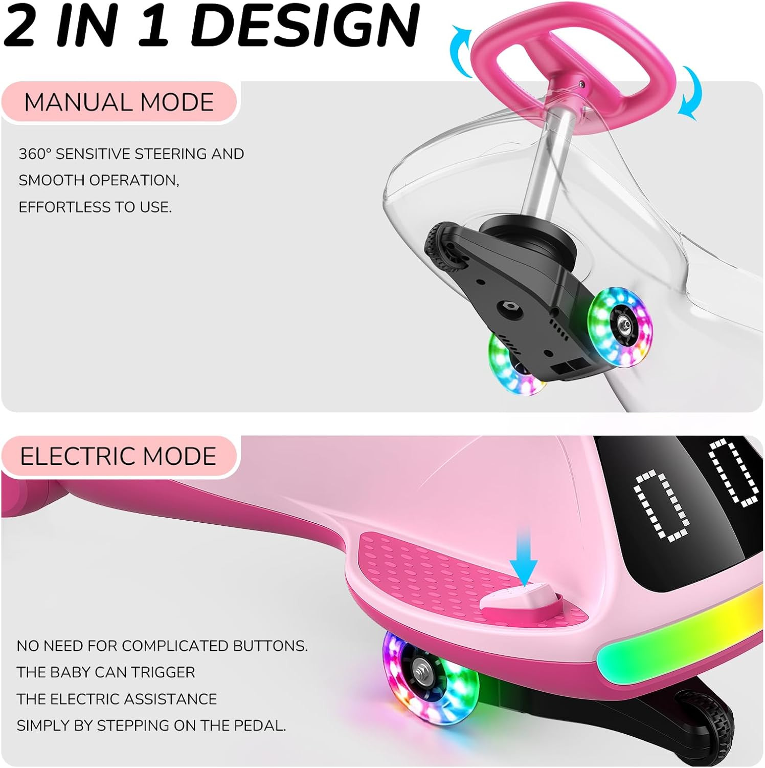 12V Electric Wiggle Car for Kids with Pedal, Display, Rechargeable Battery, LED