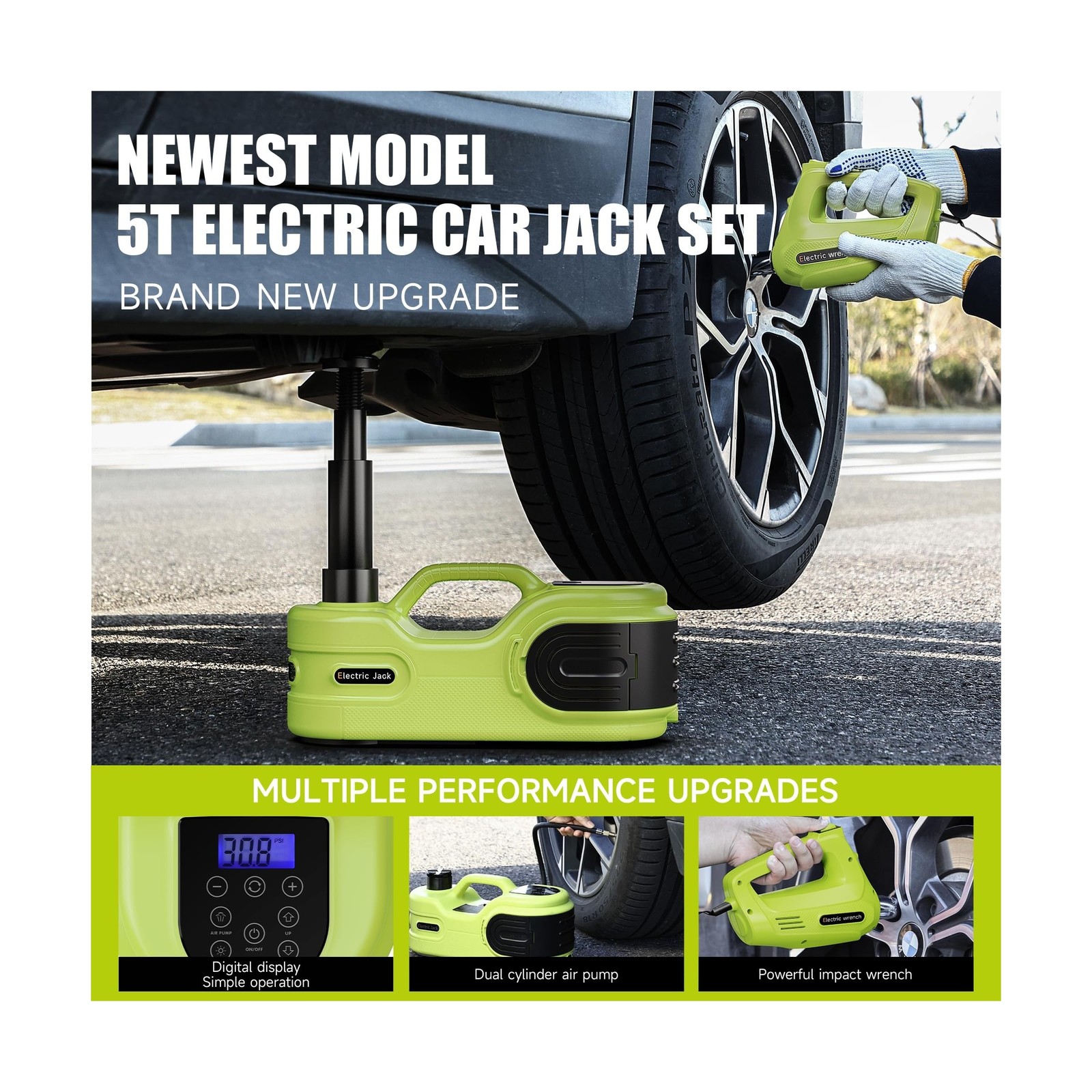Electric Car Jack Kit 5T 12V Hydraulic Tire Jack with Double Cylinder Air Pum…