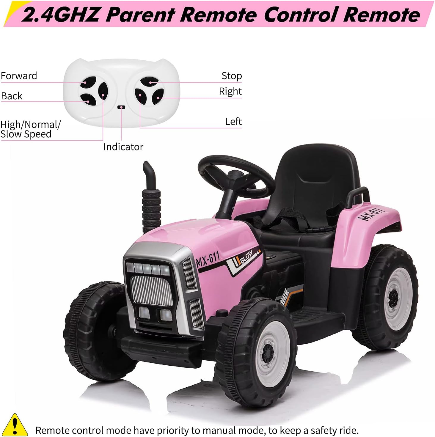 12V Kids Battery Powered Electric Tractor with Trailer, Toddler Ride on Car with