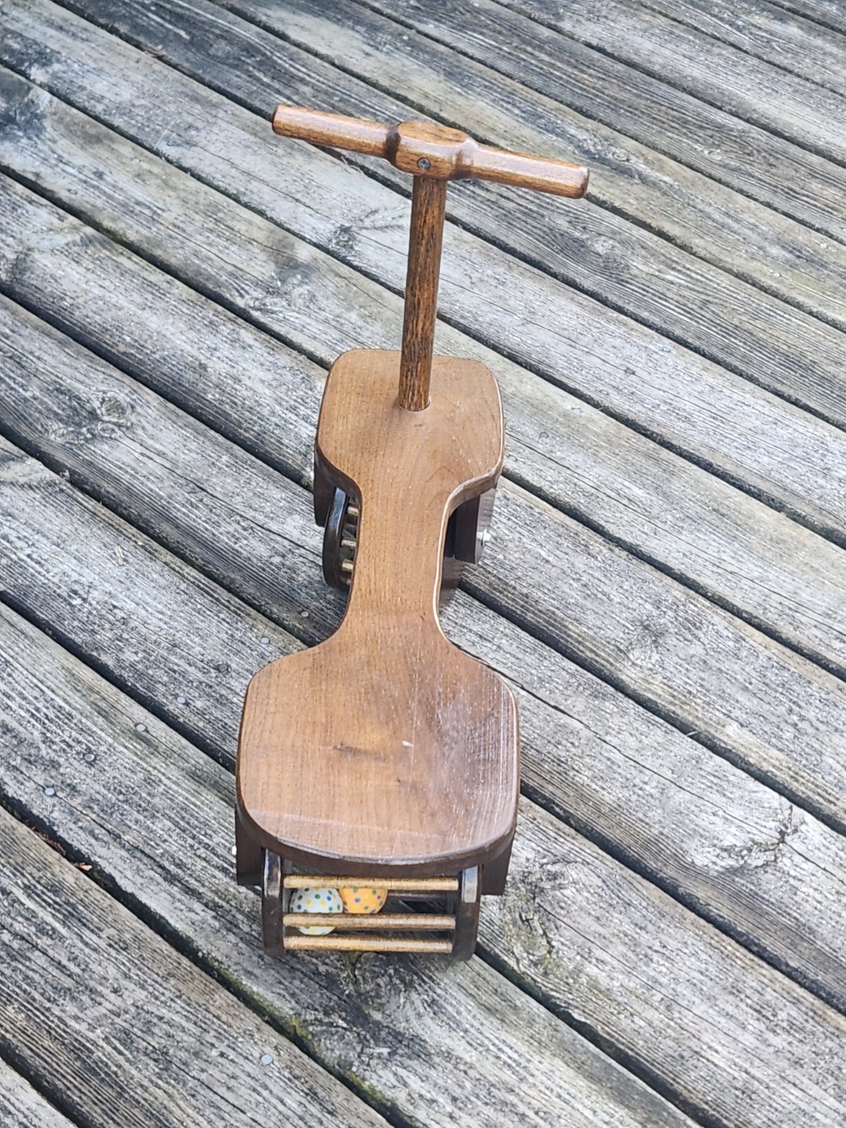 Wood Scooter Handmade Ride On Toy Ping Pong Ball Noise Maker Vintage Folk Art
