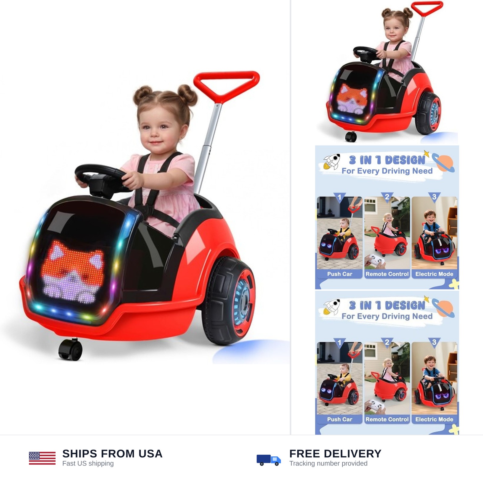 ANPABO 3-in-1 Electric Push Ride On Car, 12V Kids Ride On Toy w/Remote Contro…
