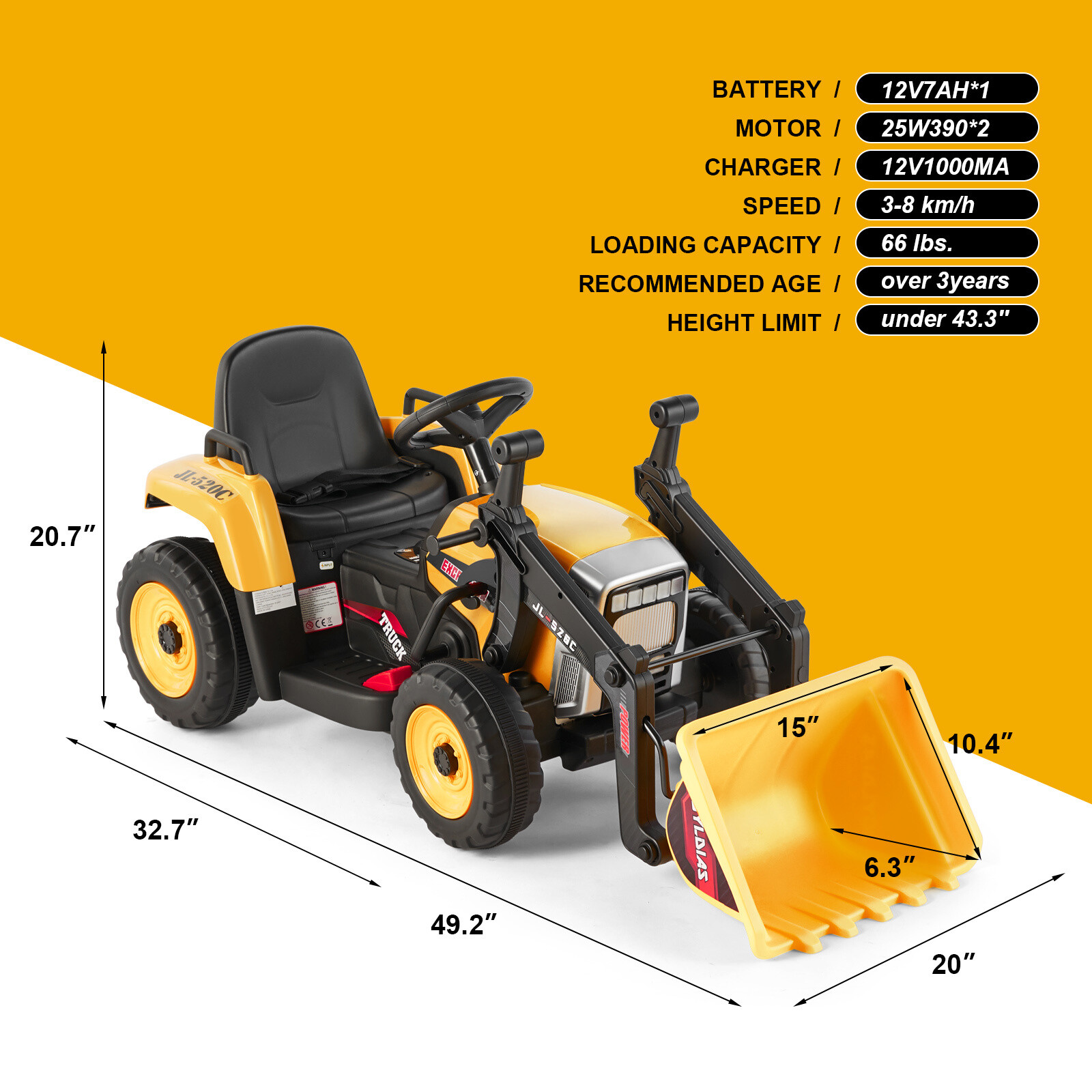12V Electric Ride On Excavator Digger 3 Speeds Bluetooth Music Light w/RC Yellow