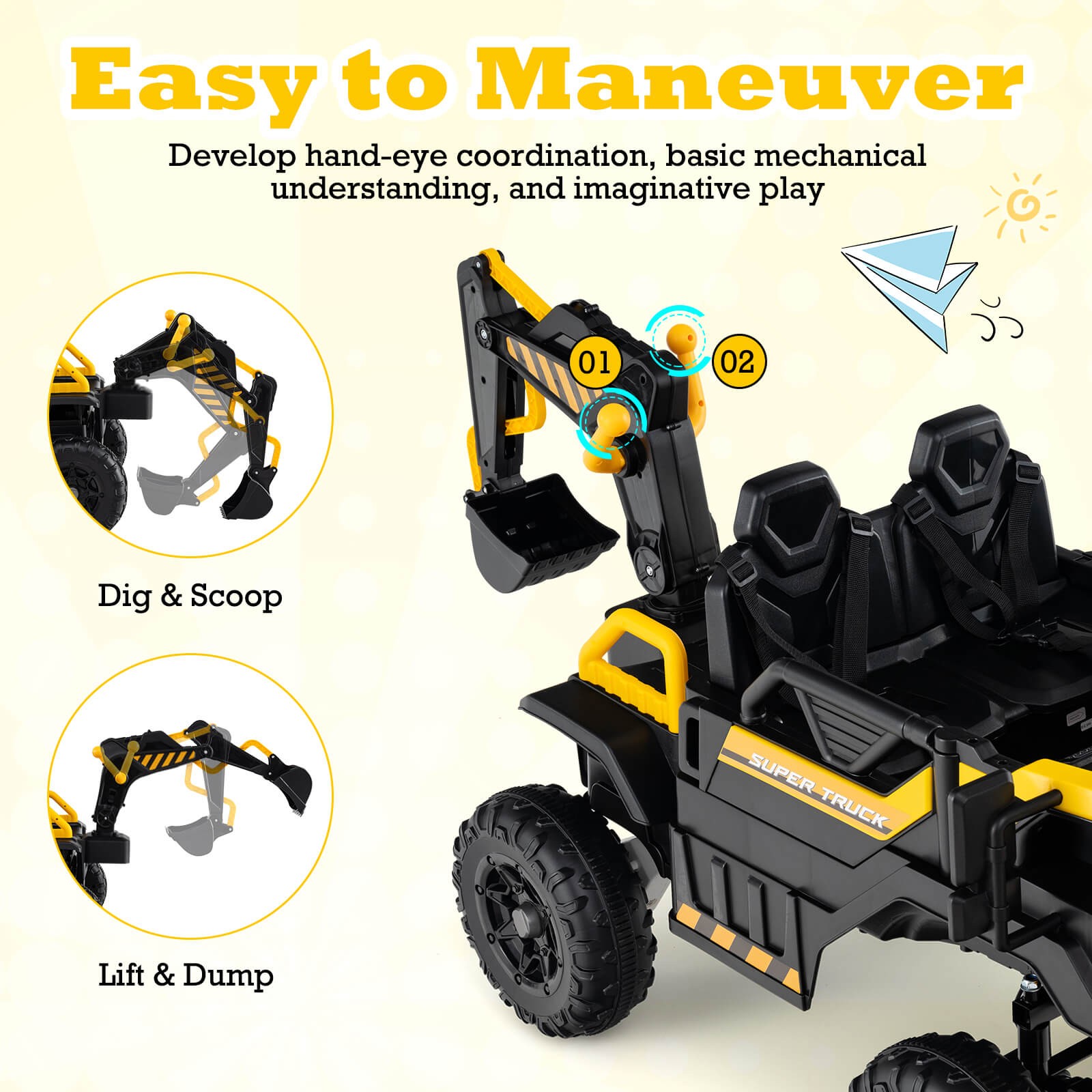 24V Ride On Excavator, 4WD Electric Truck Construction Vehicle w/Remote Control