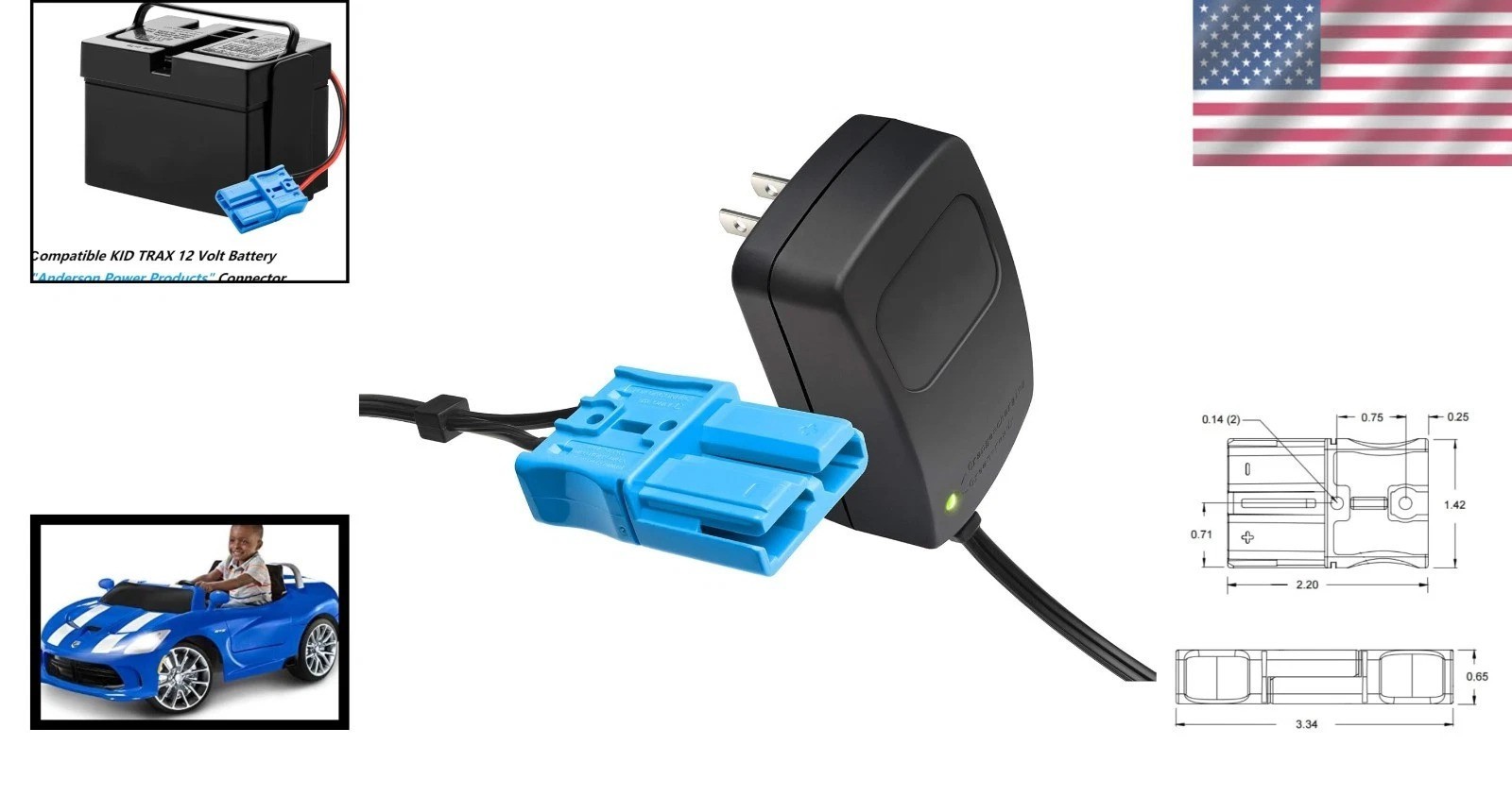 Kid Trax 12V Charger for Dodge Viper & Police Car – Reliable Black and Blue Plug