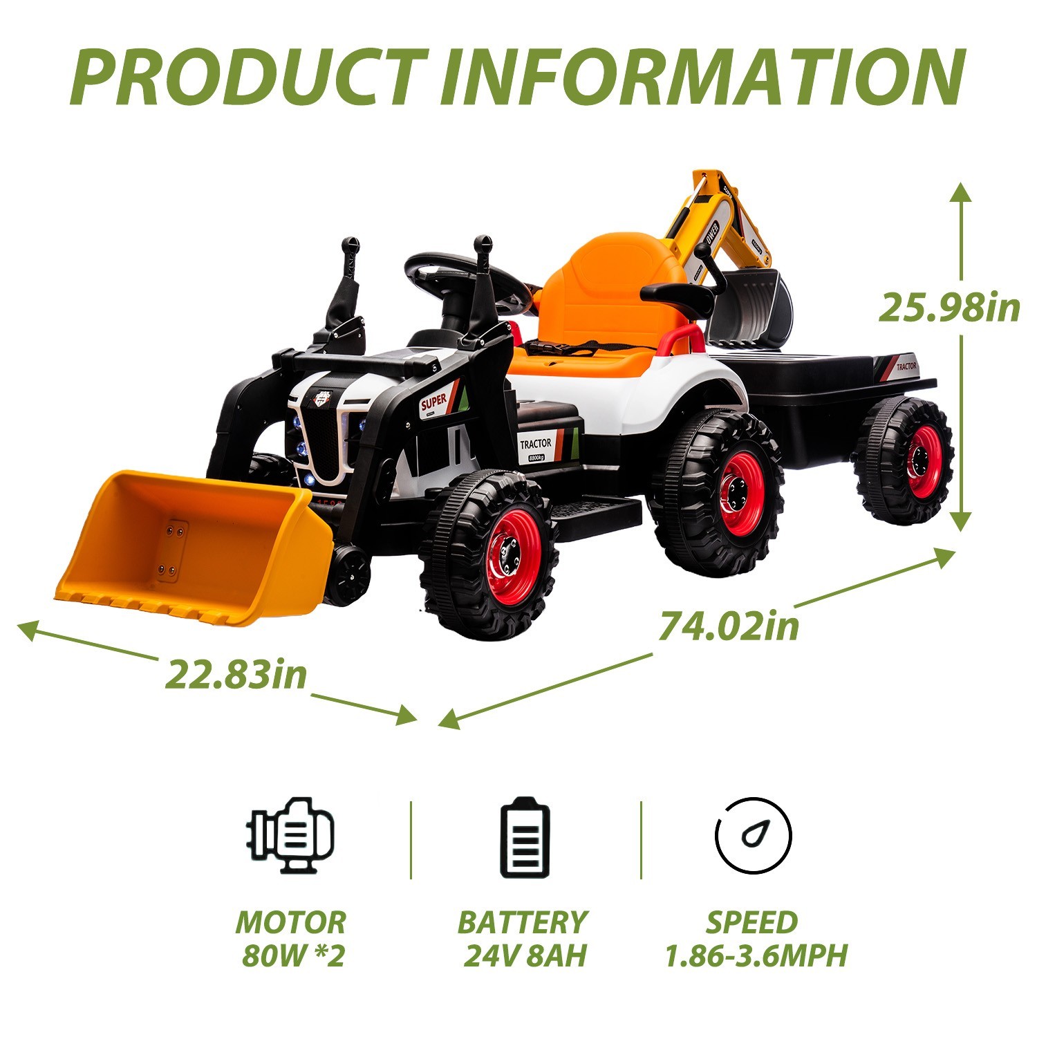 24V Kids Ride on Tractor 4-in-1 Excavator Dump Truck W/Remote 3-Speed Adjustable