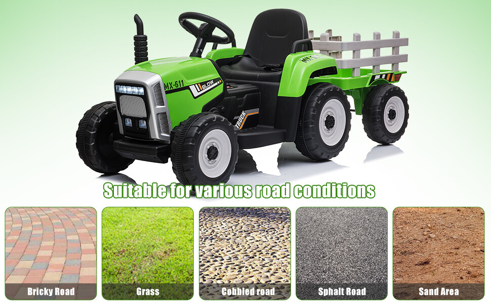 12V Kids Ride-On Tractor Car Toy Battery-Powered w/Remote Control+ Trailer Green