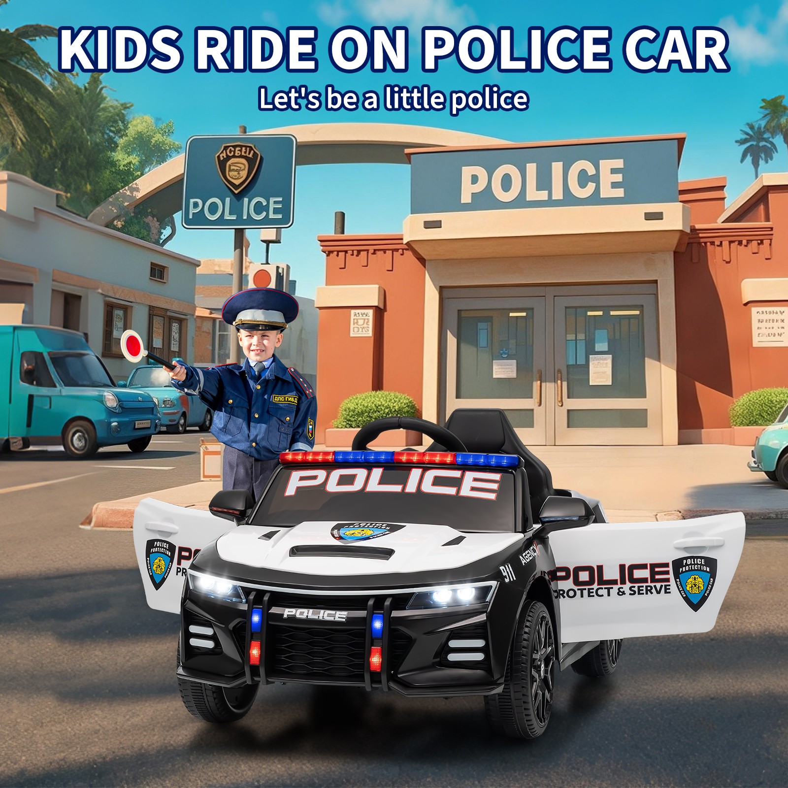 12V Ride On Police Car for Kid w/ Remote/ Emergency Alert Tones/Megaphone/Light