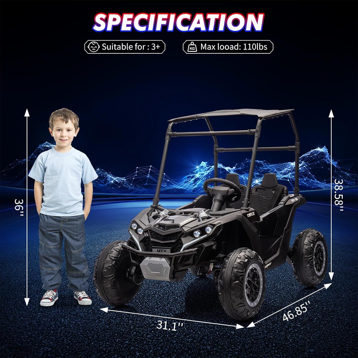 24V Ride On Utv, 2 Seater Electric Truck With Sun Shade, 4WD Electric Car Toy