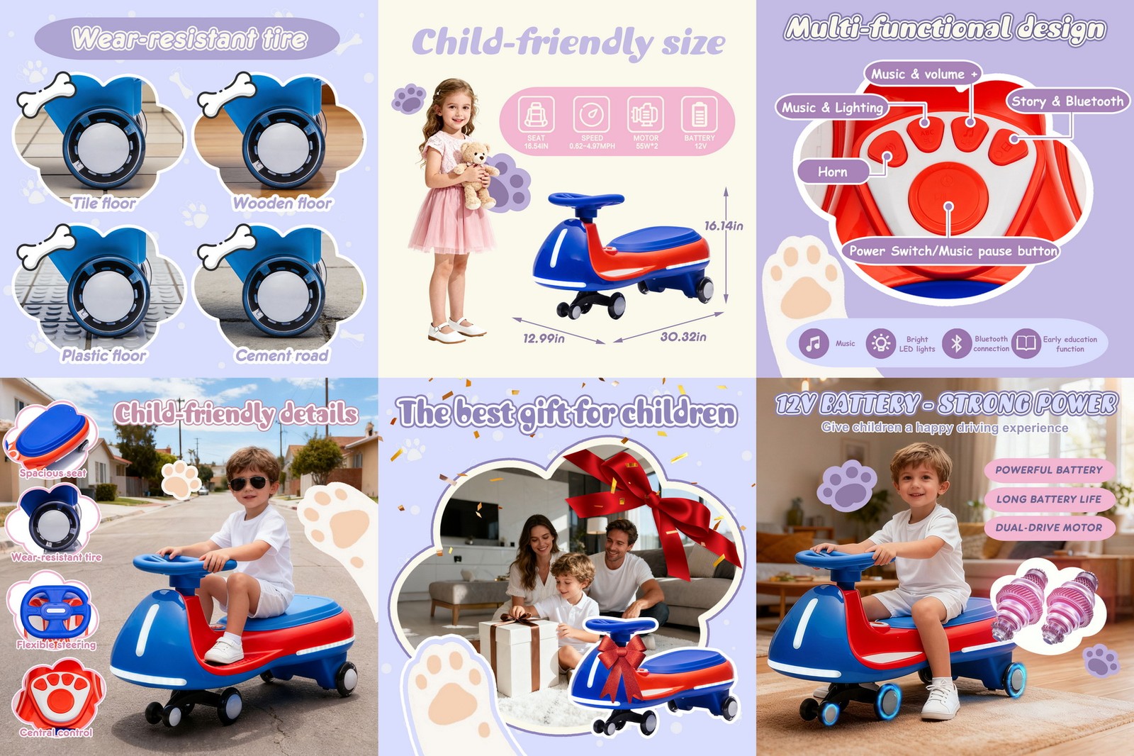 12V Kids Ride On Wiggle Car Toddler Triangular Stability Swing Car LED Lights