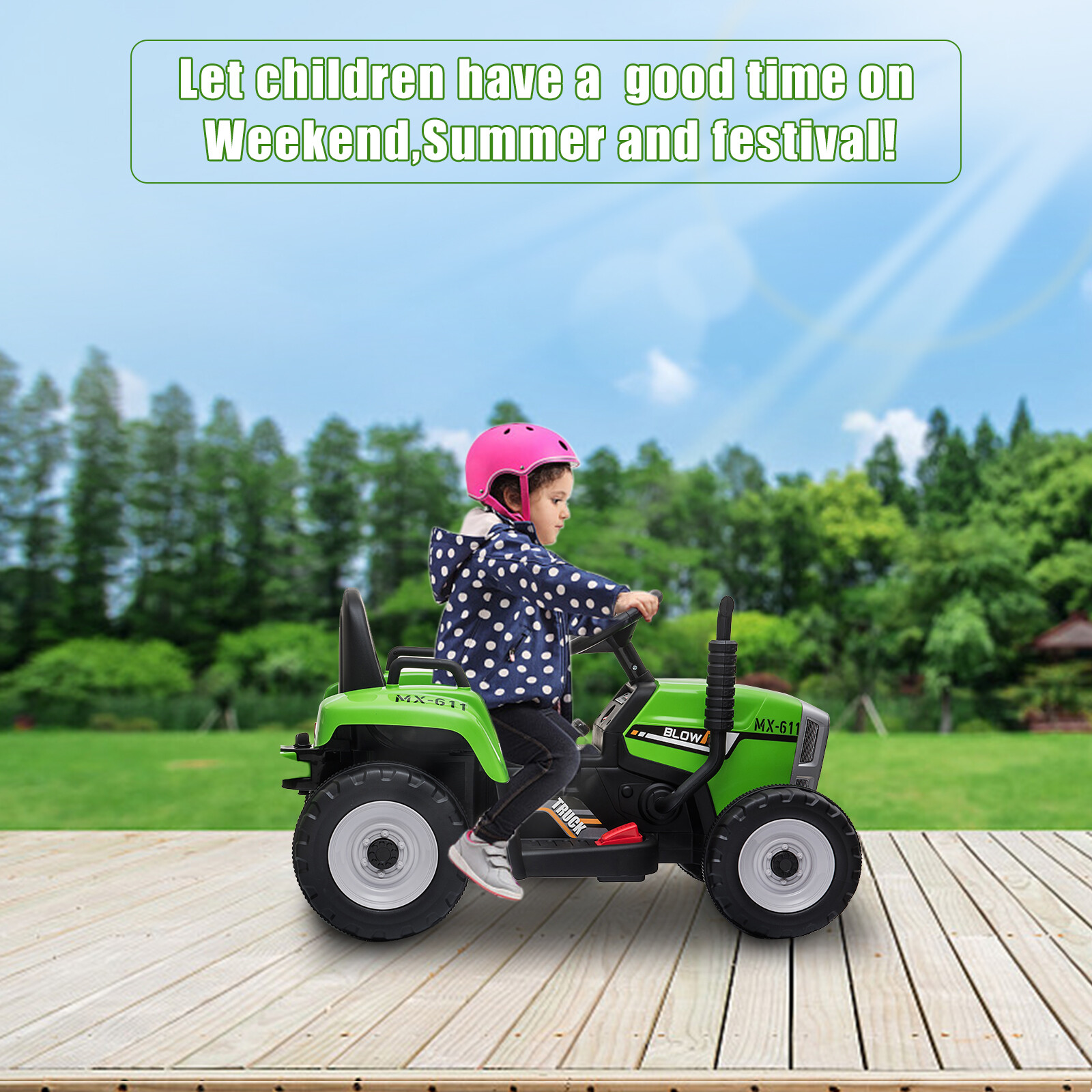12V Kids Ride On Tractor Car Battery Powered Truck Car Toy w/ Trailer LED Lights