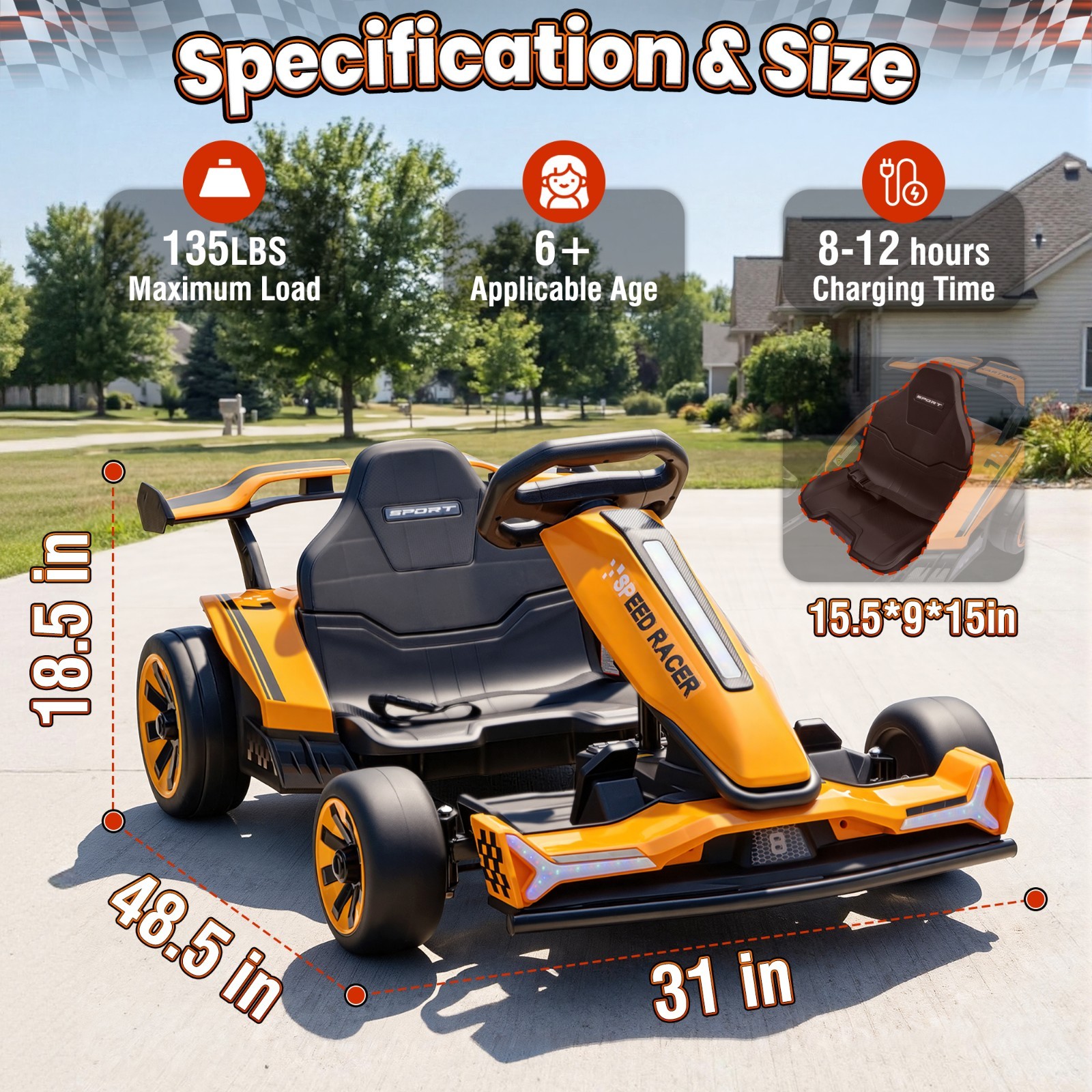 24V 10Ah Kids Drift Go Kart Dual Motor Adjustable Frame LED Underglow Lights