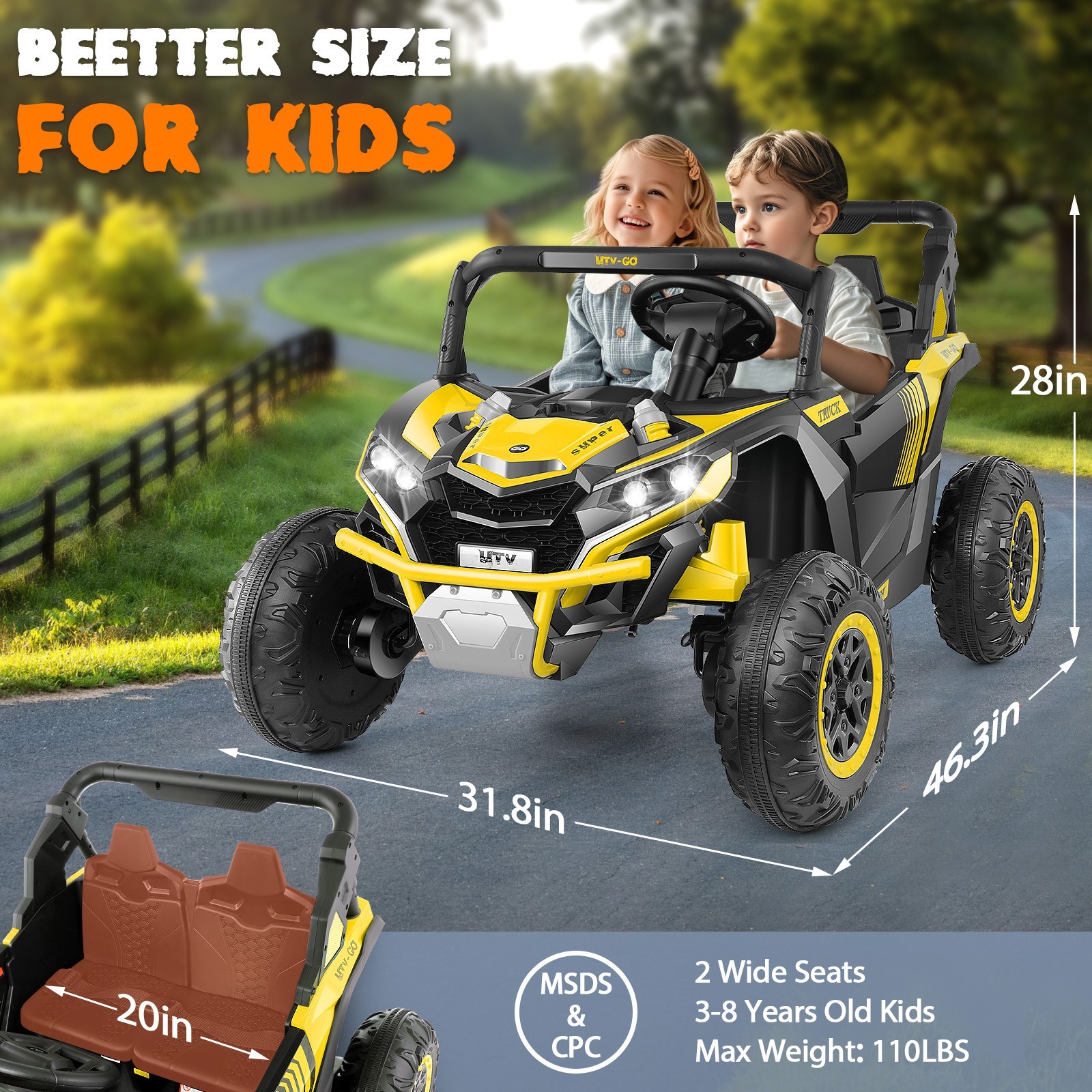 24V Kids Electric Car, 2 Seater Ride on UTV with Remote Control Bluetooth Gift!