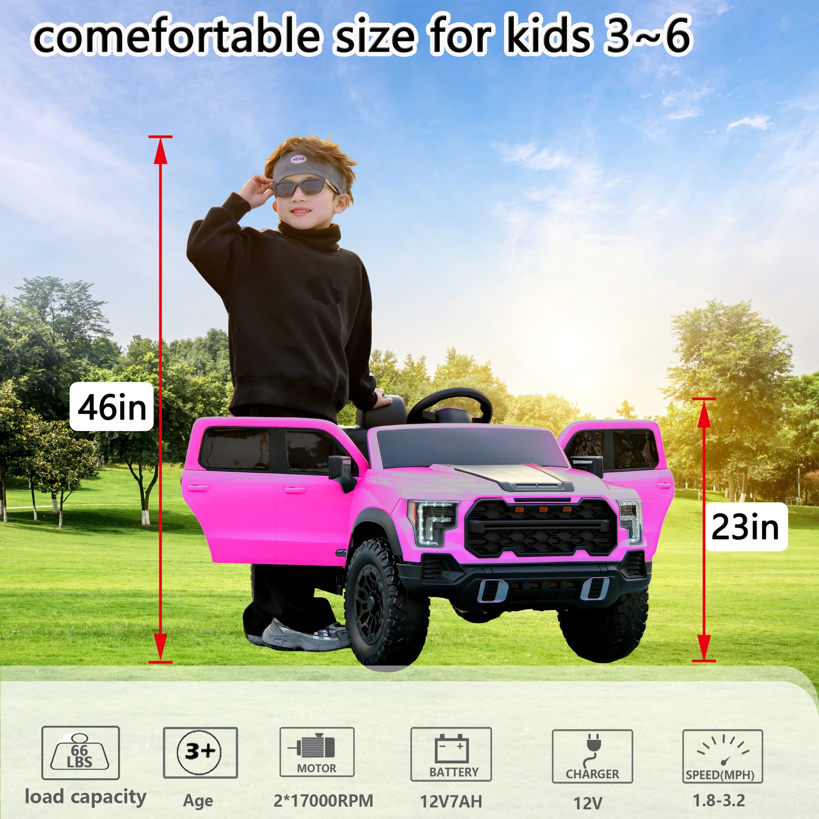 12V Kids Ride-On Car Remote Control, 4-Wheel Shock Absorption 3-6 Years Pink