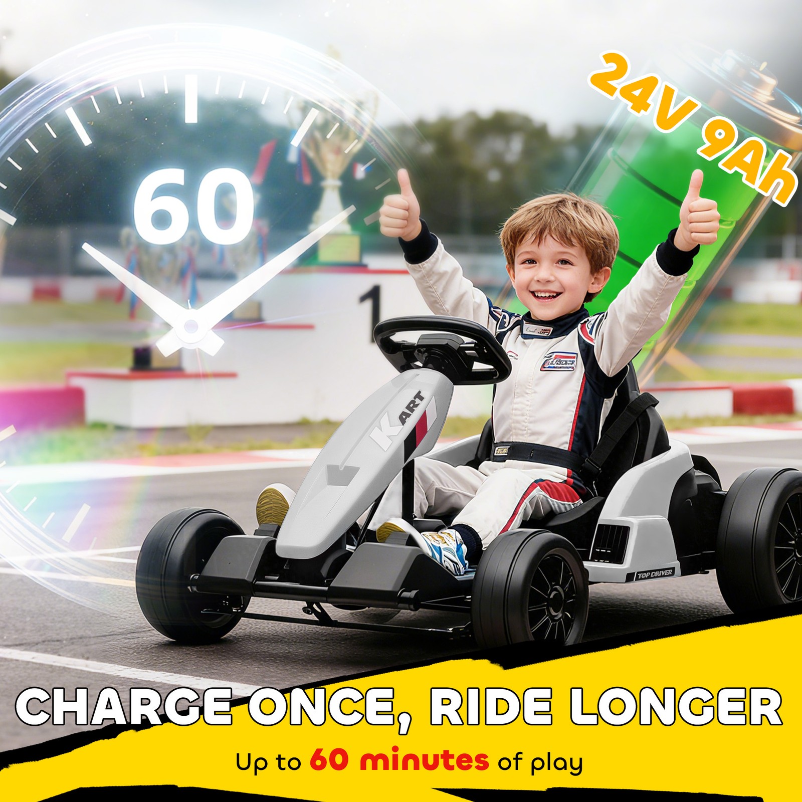 24V Electric Go Kart, Kids Drift Kart with Dual 150W Motors, White