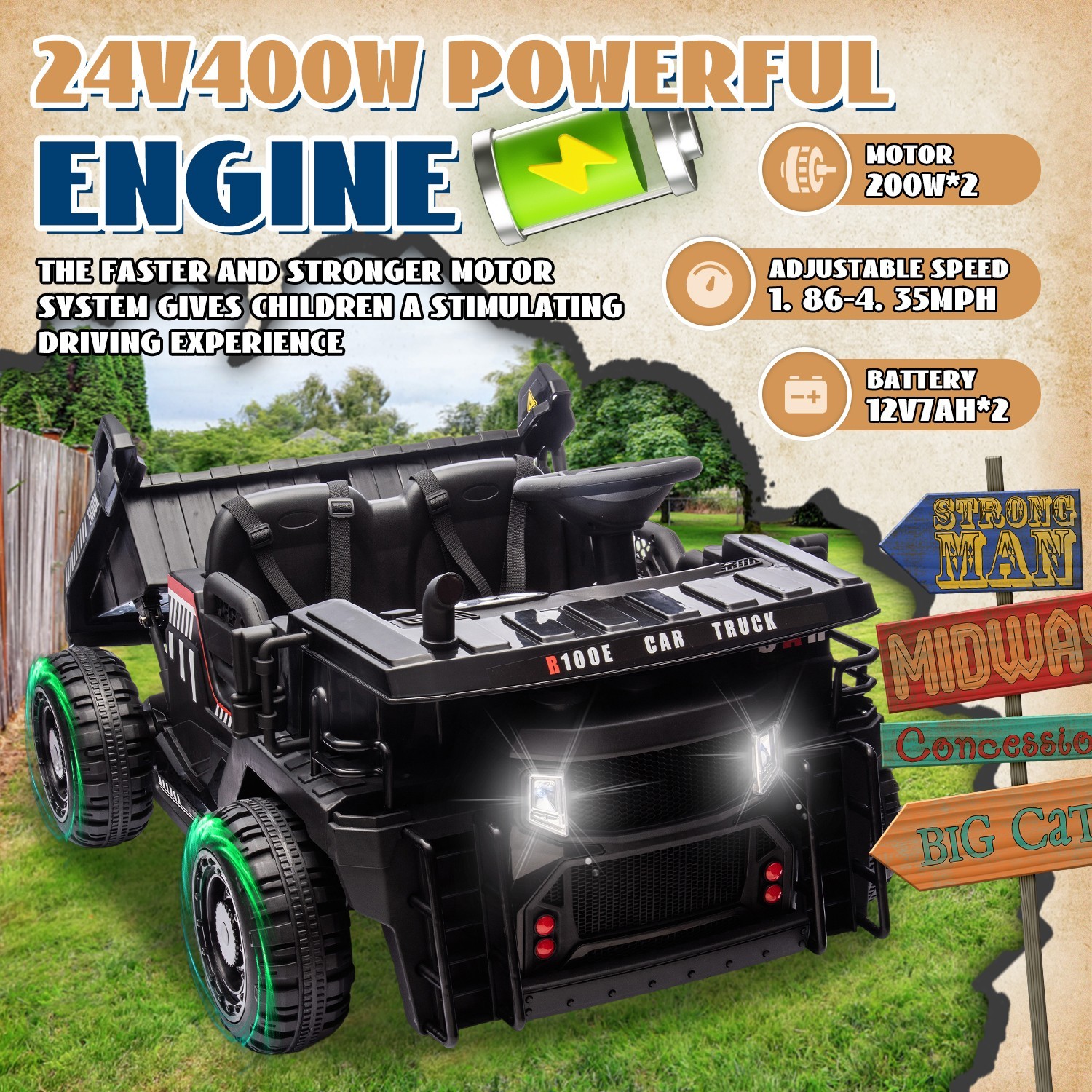 24V 2 Seater Kids Ride On Electric Car w/Remote,Dump Truck for Boys Girls, Black