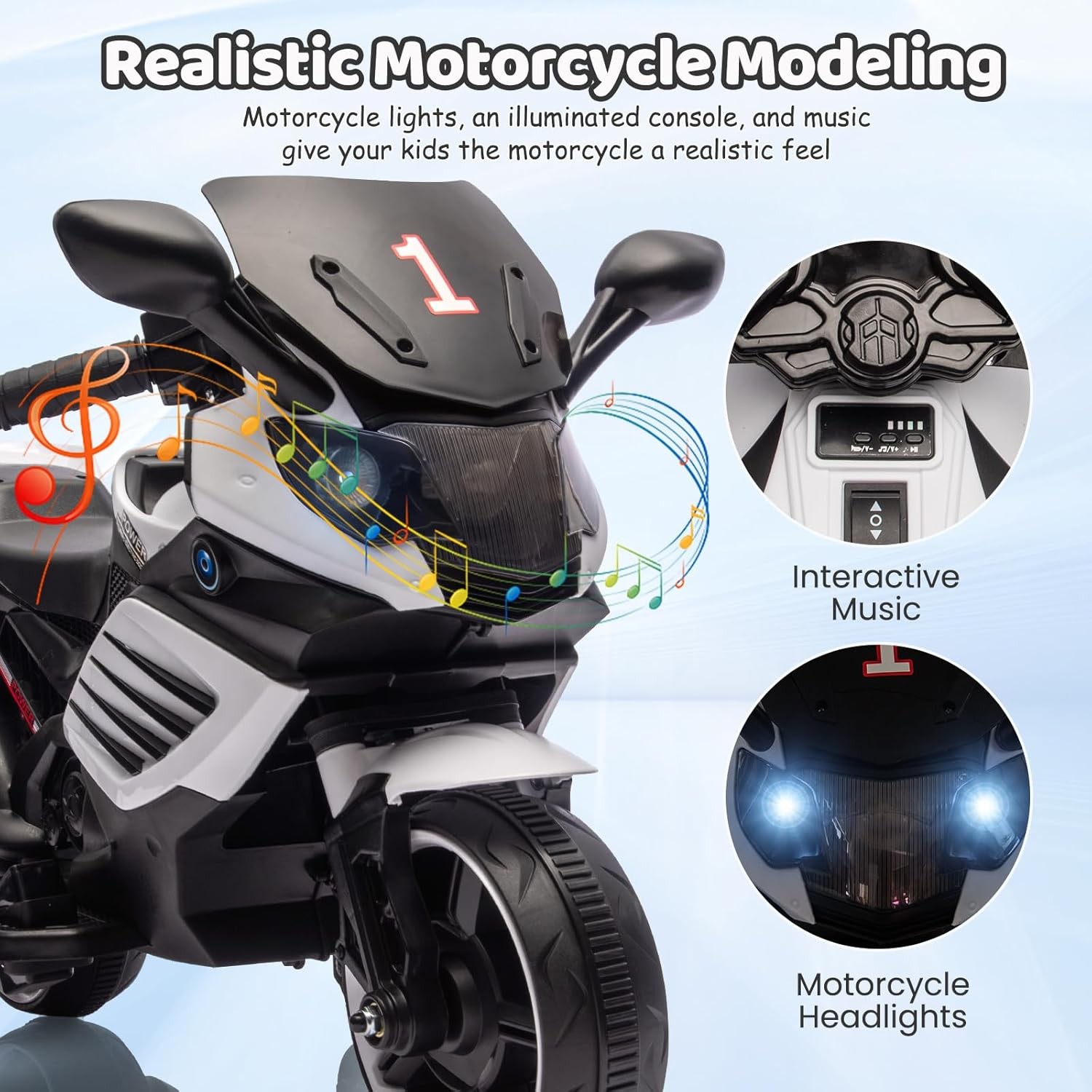 Kids 6V Ride On Motorcycle Battery Powered Ride On Toys w/Treaded Tires Music