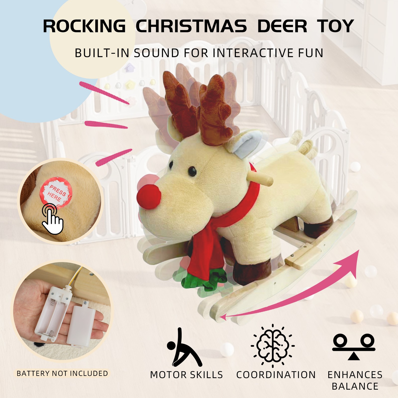 Kids Plush Moose Rocking Ride-On Toy Music Safety Belt 1-3 Years CPC Certified