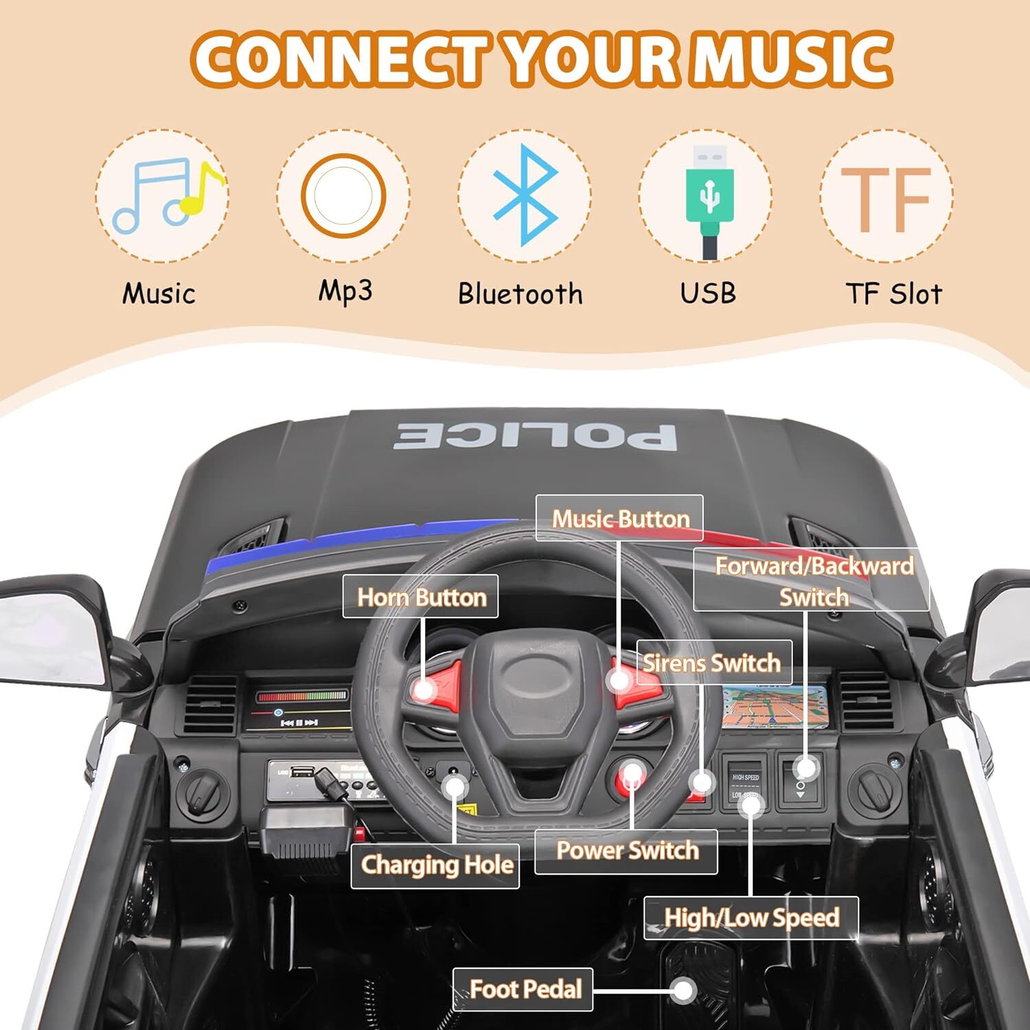 TOBBI 12V Electric Kids Ride on Police Car with Remote Control,Siren, Music