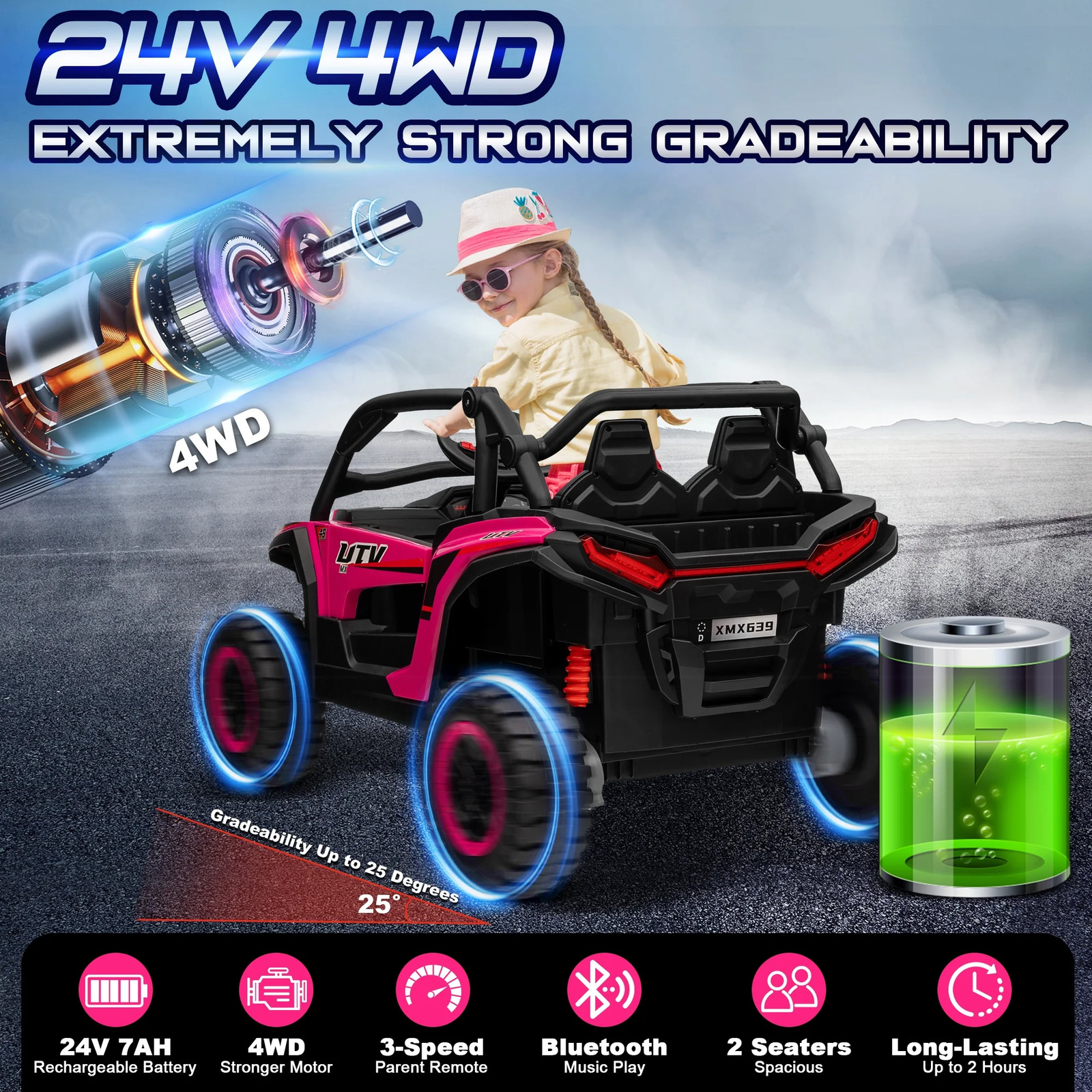 4WD 24V Ride on Toys for Kids with Remote Control, 2 Seater Electric Vehicle wi
