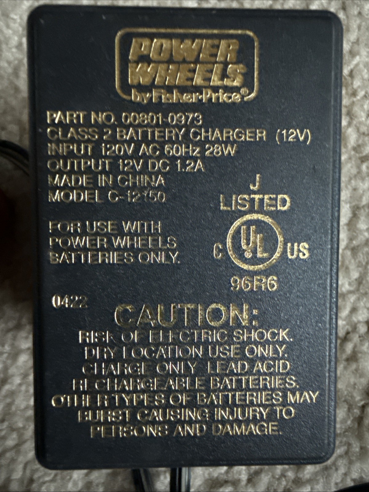 Fisher-Price Power Wheels 12V Class 2 Battery Charger 00801-0973
