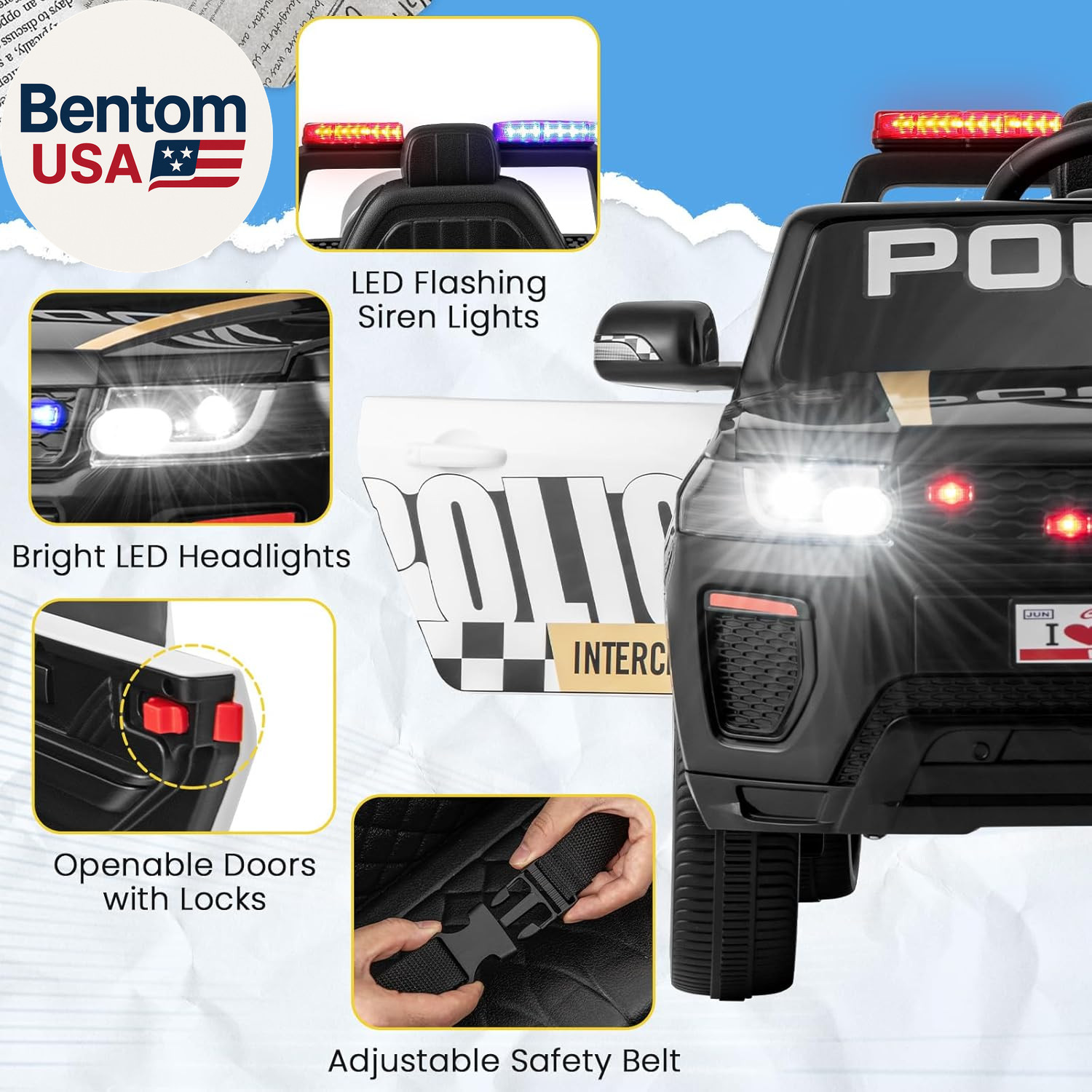 Police Car Ride On, 12V Battery Powered Ride on Car with Remote Control, Siren &