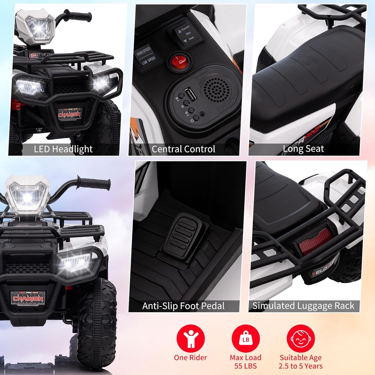 12V Kids Ride-On ATV Electric Vehicle for Toddlers 2 Speed LED Lights Music USB