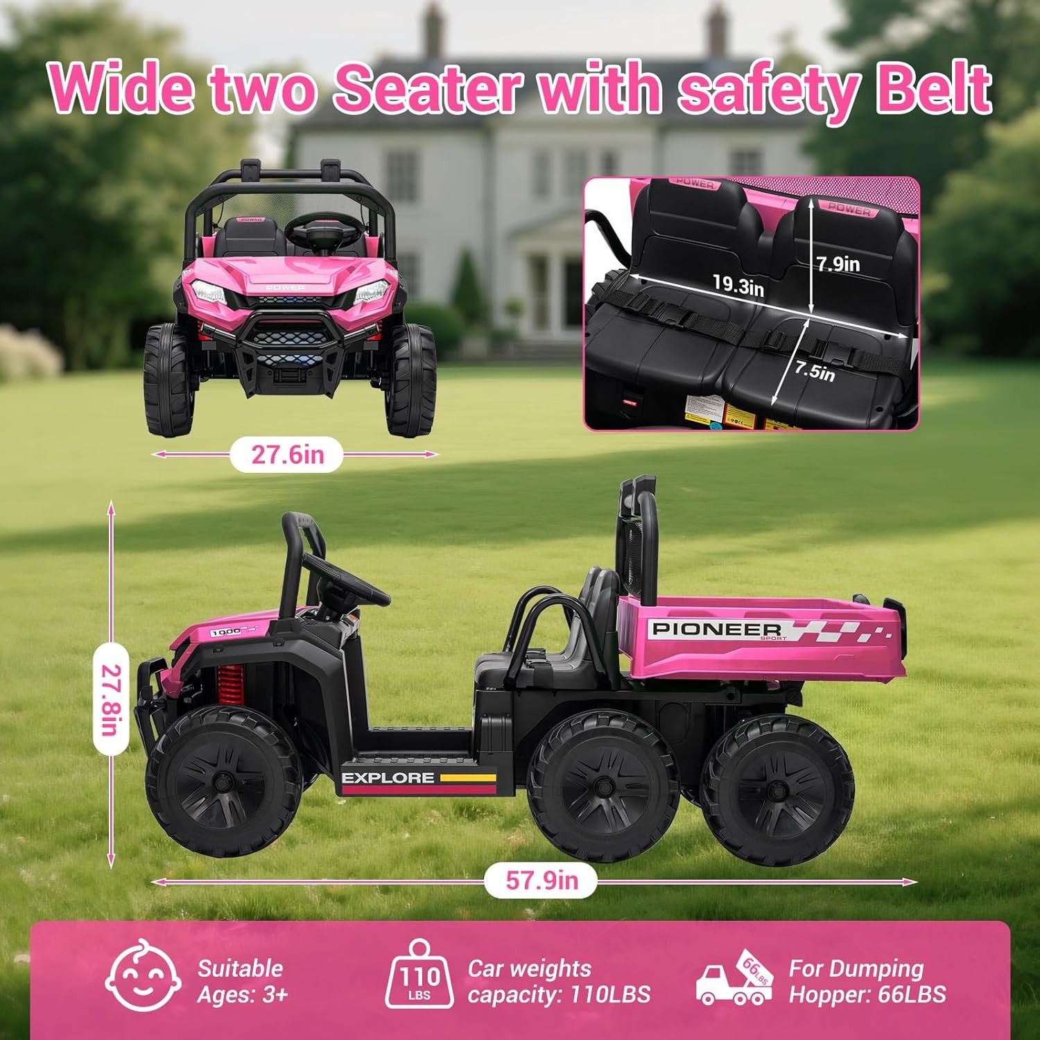 2 Seater Ride on Car 24V Kids Electric Dump Truck 4WD 6Wheeler w/Parental Remote