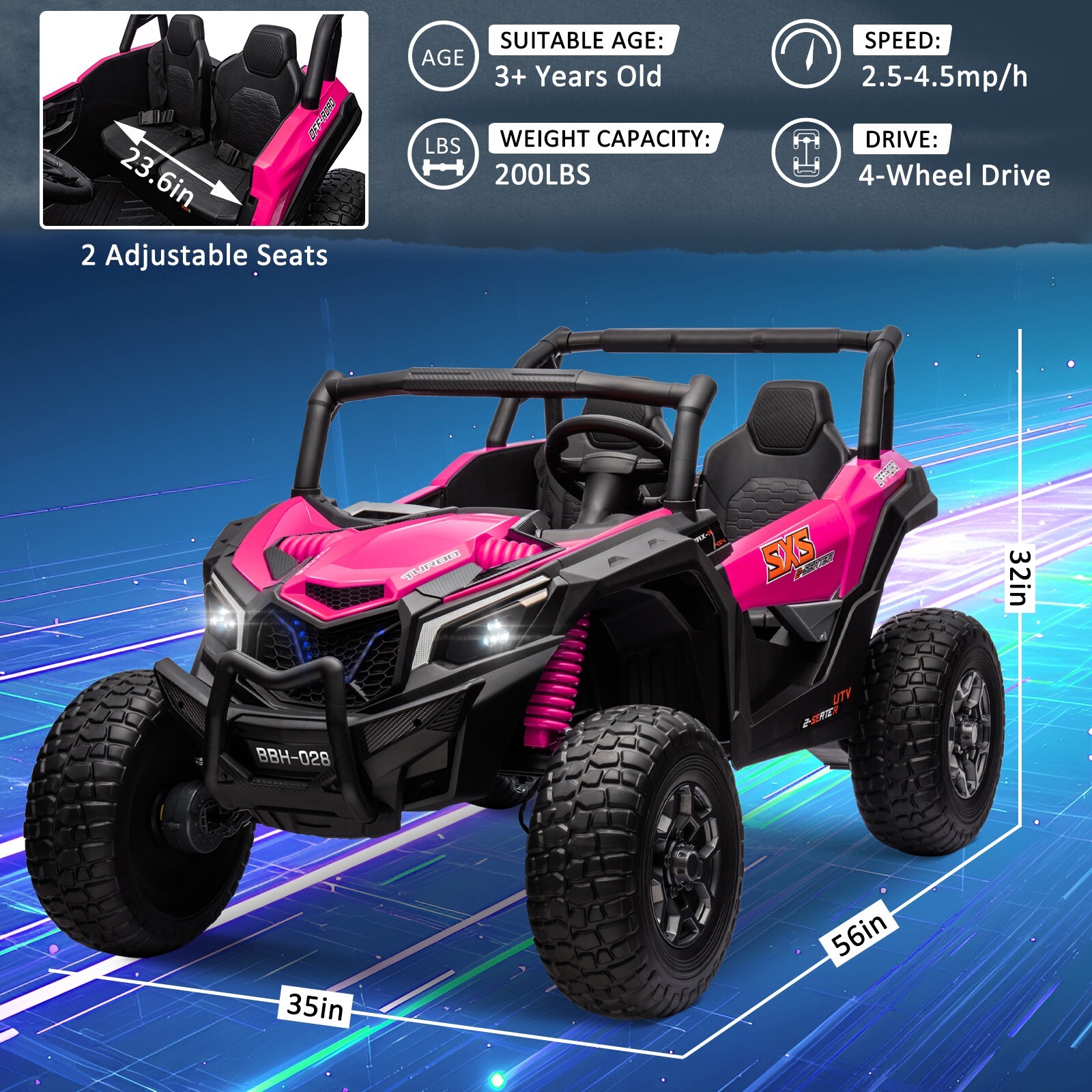 ZEOPHOL 24V Kids Ride On Car UTV Truck 4WD 2-Seater 4X200W Motor EVA Wheels Pink