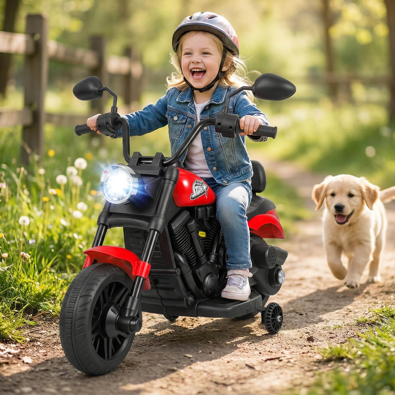 Kids Motorcycle w/Headlight, Music, Training Wheels, Foot Pedal for Boys Girls