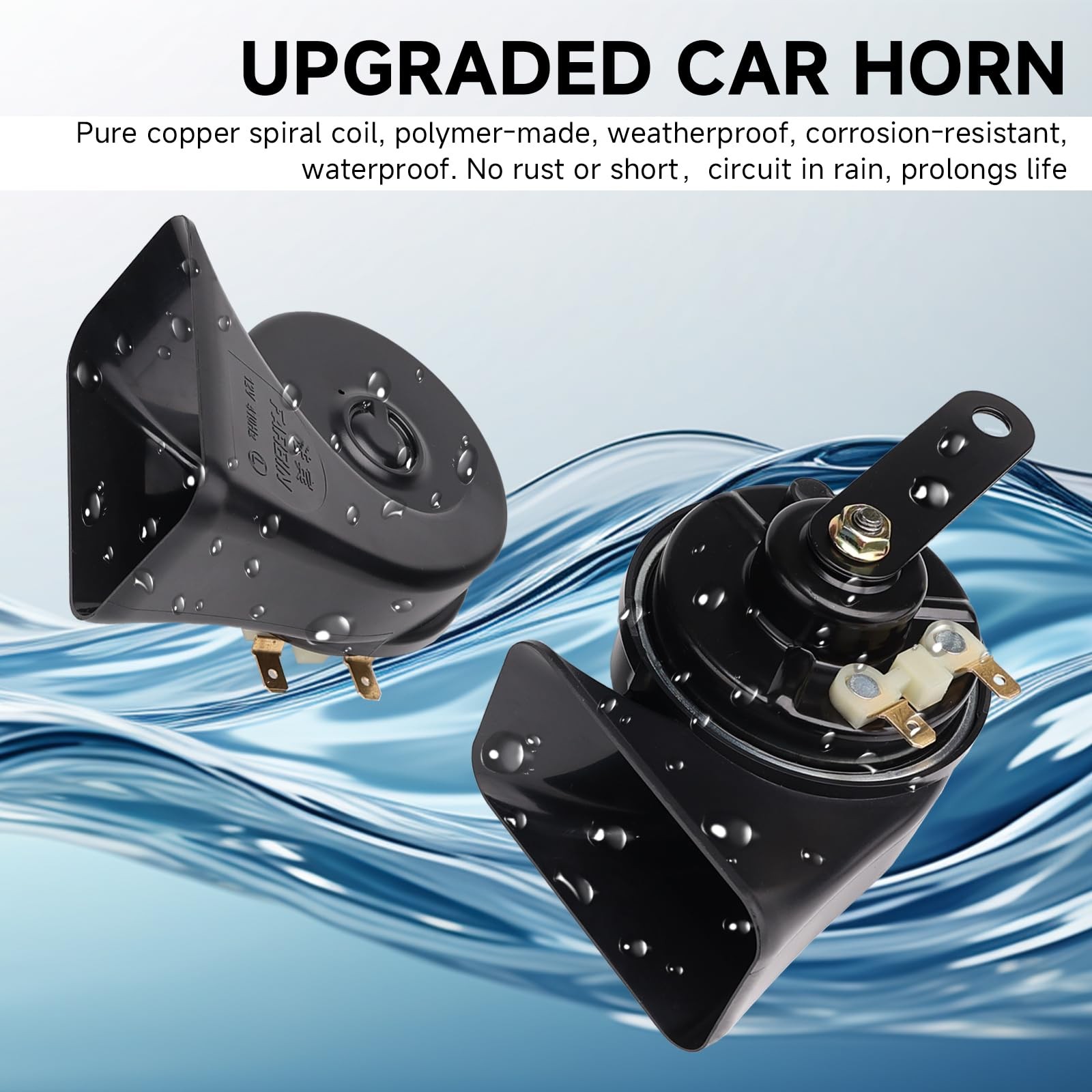 12V Black Snail Horn Kit, Button, Wire, Waterproof, Super Loud, Train, Truck