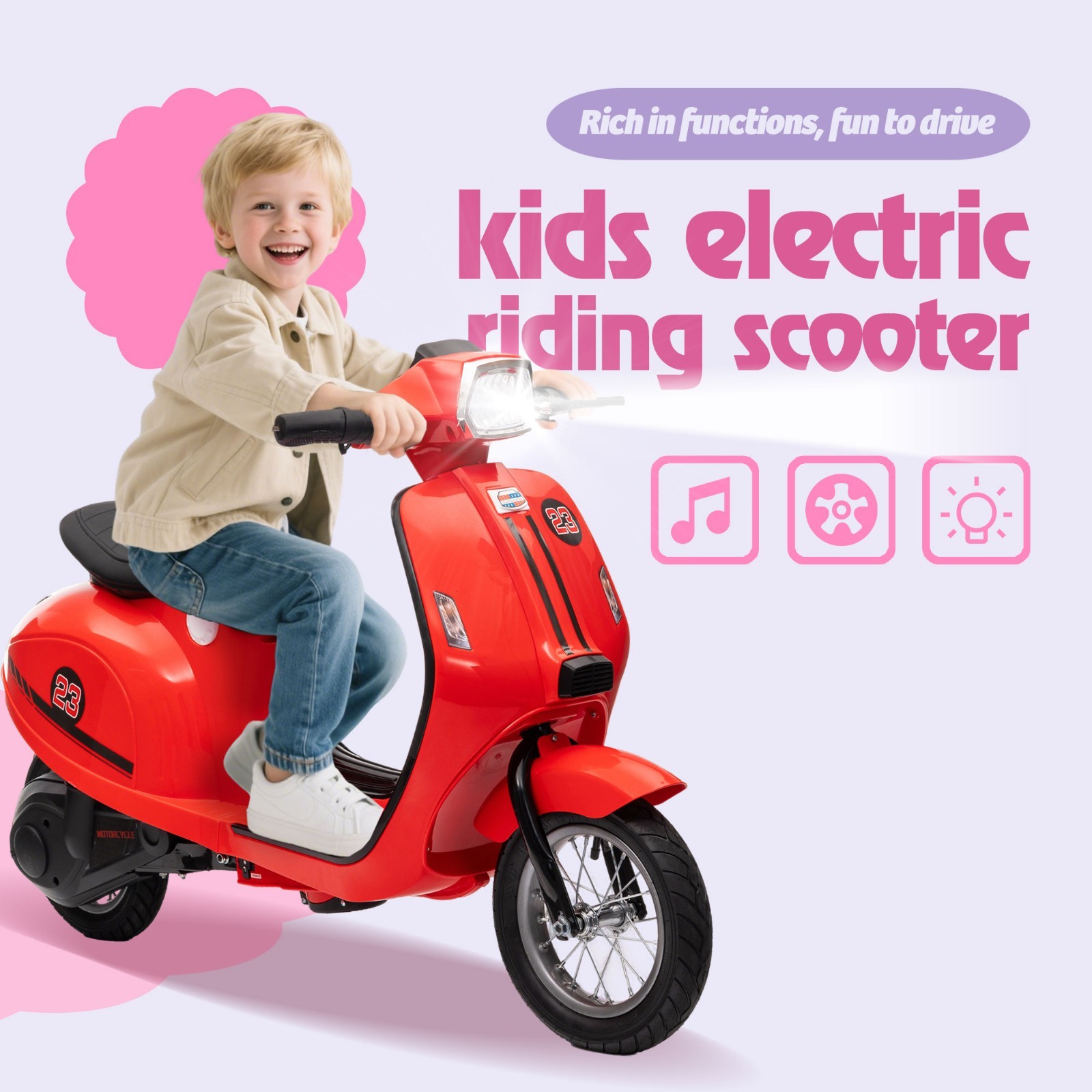 Kids 24V Retro Euro-Style Battery-Powered Electric Scooter, Ages 8+, Slow Start