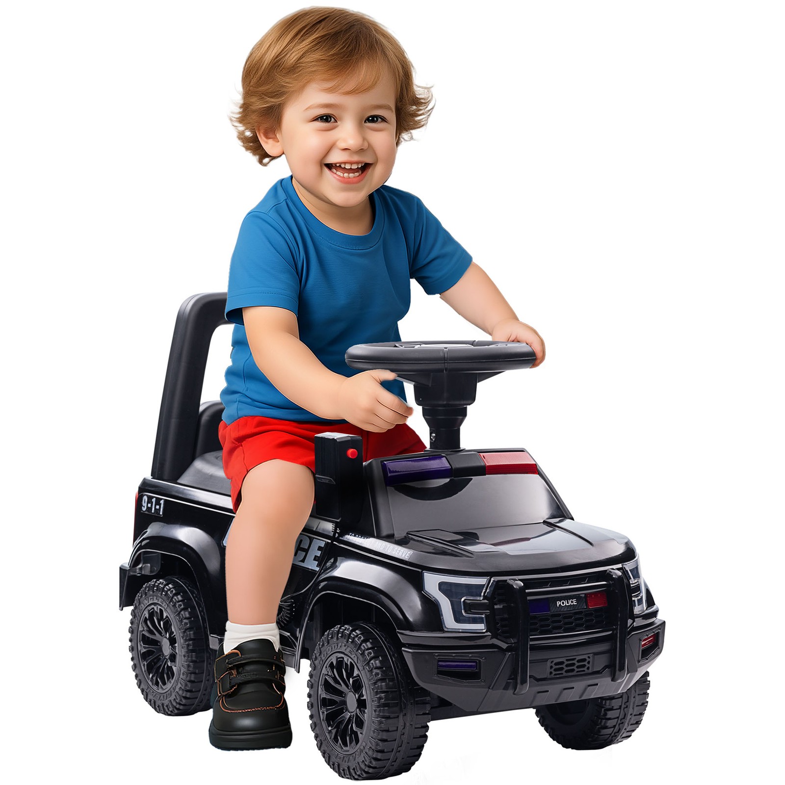 Kids Sliding Car Police Truck Style Ride On W/ Under-Seat Storage Black
