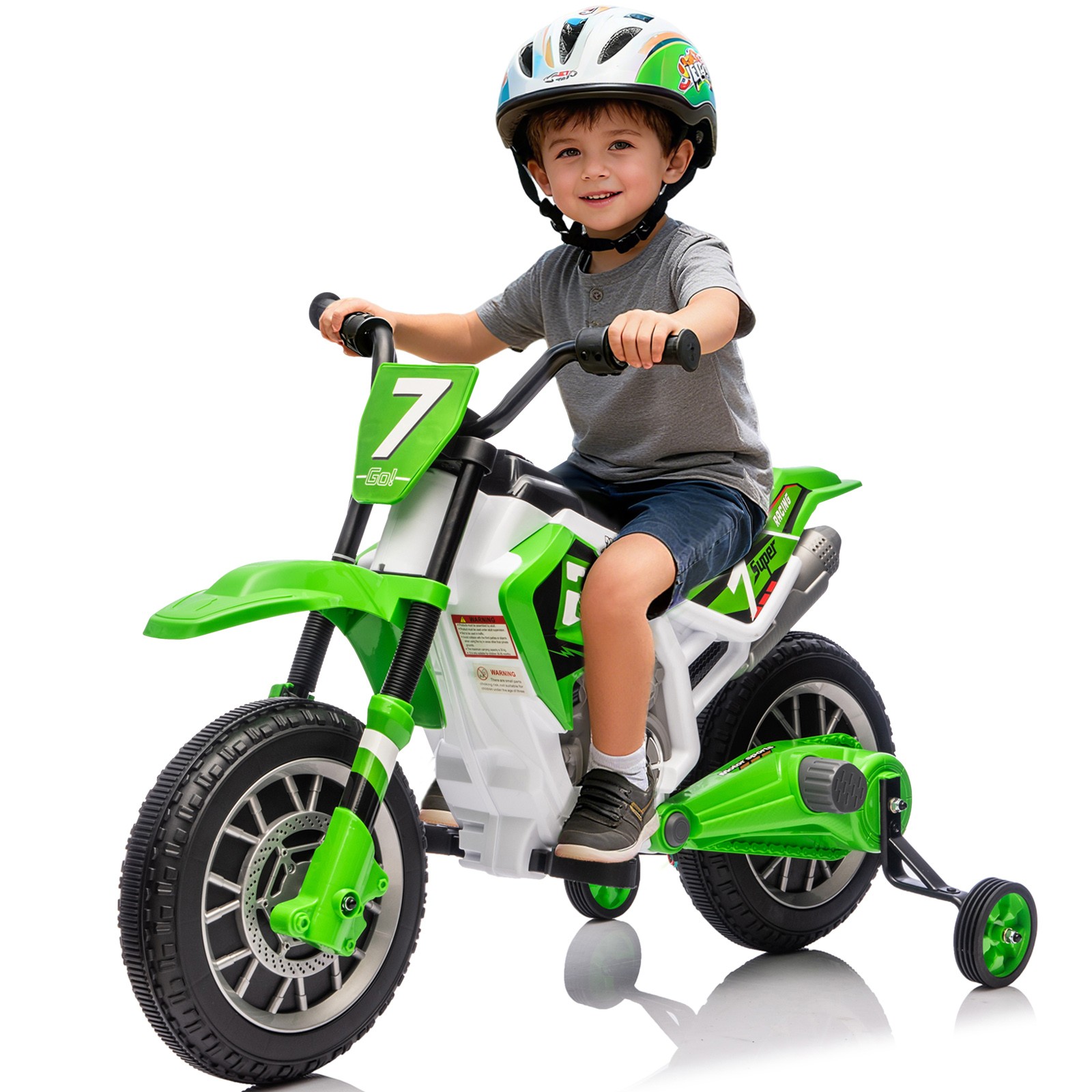 Blue/Green 12V Battery Power Kids Ride-On Motorcycle Dirt Bike w/Training Wheels