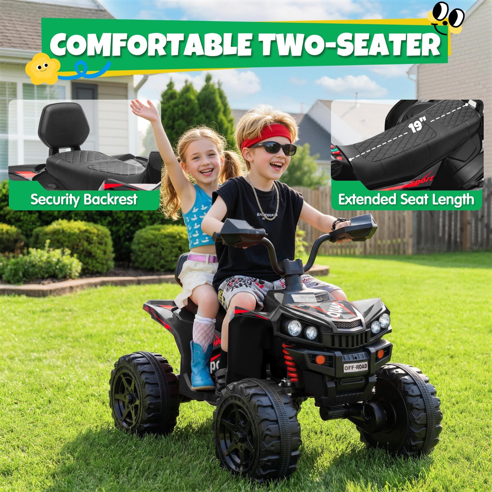 24V 4WD 2 Seater Kids Ride On ATV 4x200W Motor 7AH Electric Toy Car w/ Kneepads