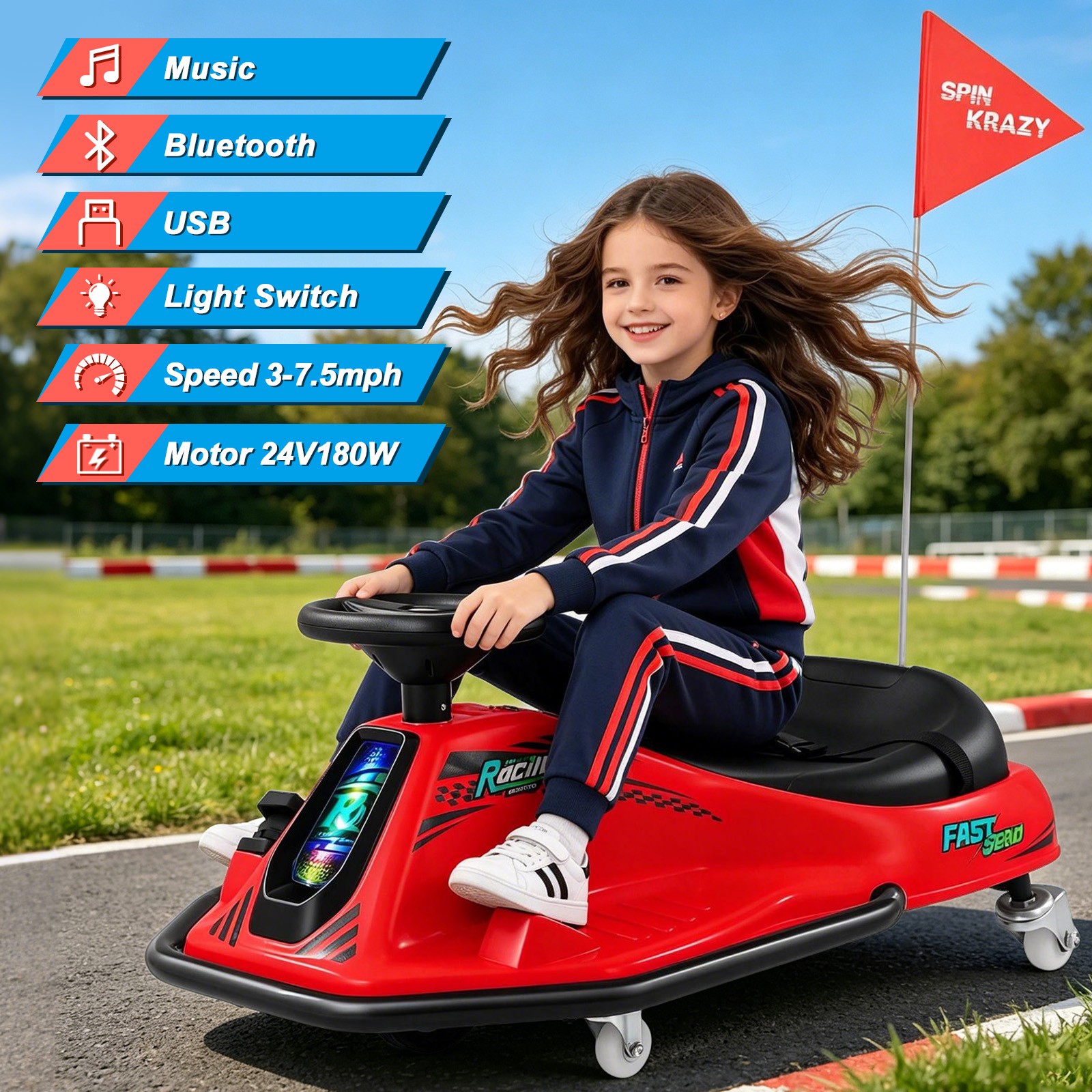 Red 24V Powered Kids Ride On Cart Electric Drifting Go Kart 360° Music,Bluetooth