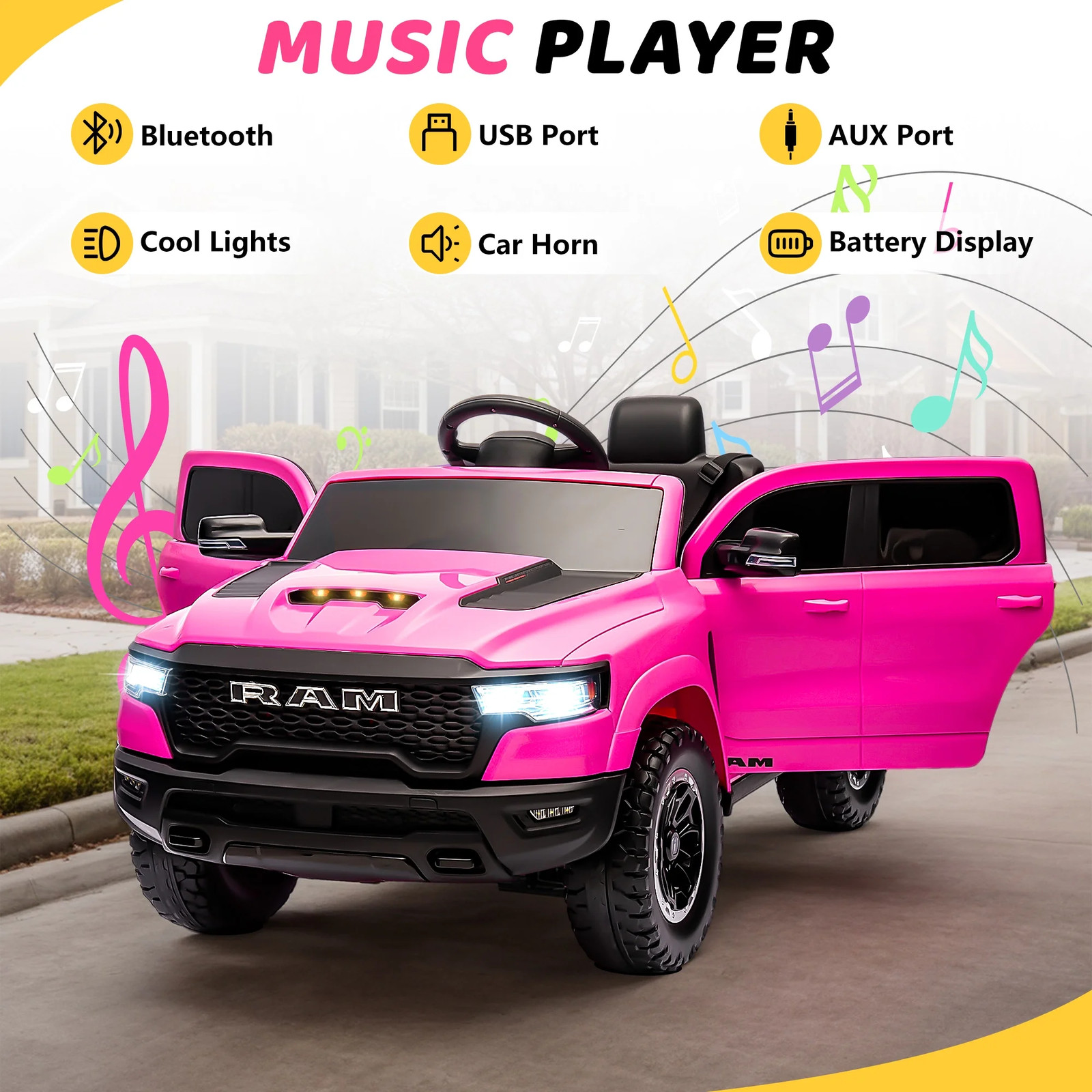 RAM Ride on Car, 12V Powered Ride on Toy with Remote Control, 4 Wheel Suspension