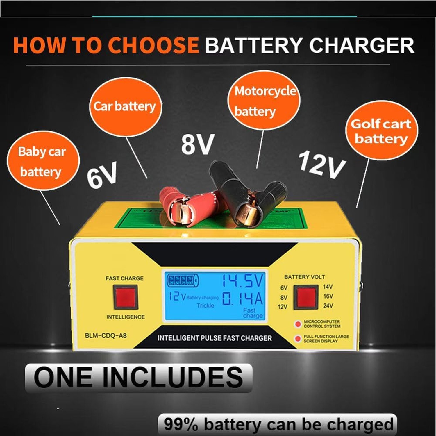 Car Battery Charger Automatic, 6/8/12/14/16/24V Adjustable Voltage Battery Ch…