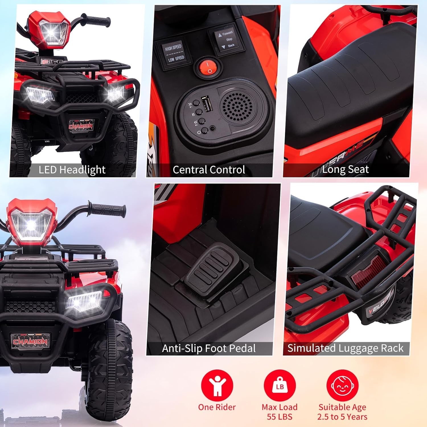 12V Kids Ride on Toy 4 Wheeler Quad Car 1.5-2.2mph Speed with Music LED Light