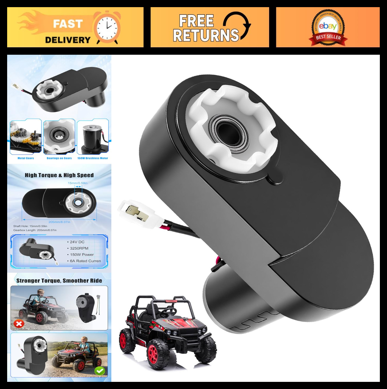 24V High Power Brushless Gearbox Motor for Kids Ride-On Car, 150W, 3250RPM Repla
