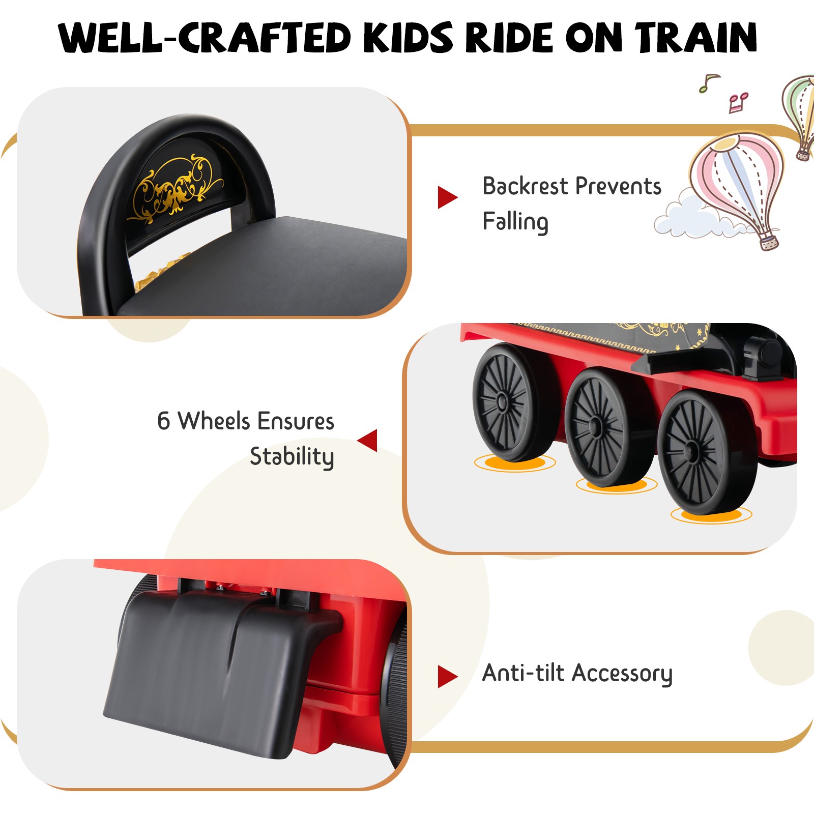 6V Electric Kids Motorized Train Toy with Unique Train Outlook & Stickers Black
