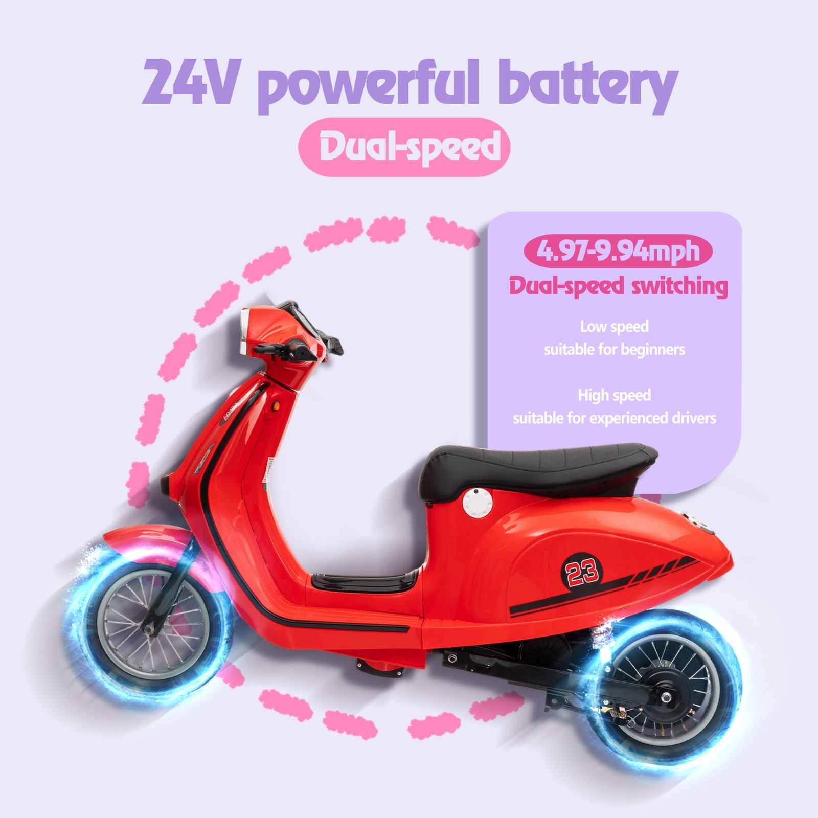Kids 24V Retro Euro-Style Battery-Powered Electric Scooter, Ages 8+, Slow Start