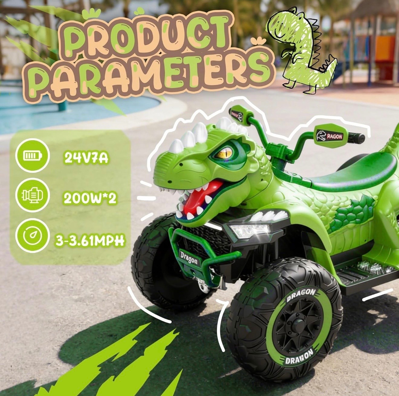 24V Dinosaur Ride On ATV for Kids, Electric 4 Big Wheel Car w/ MUSIC,BT and LED