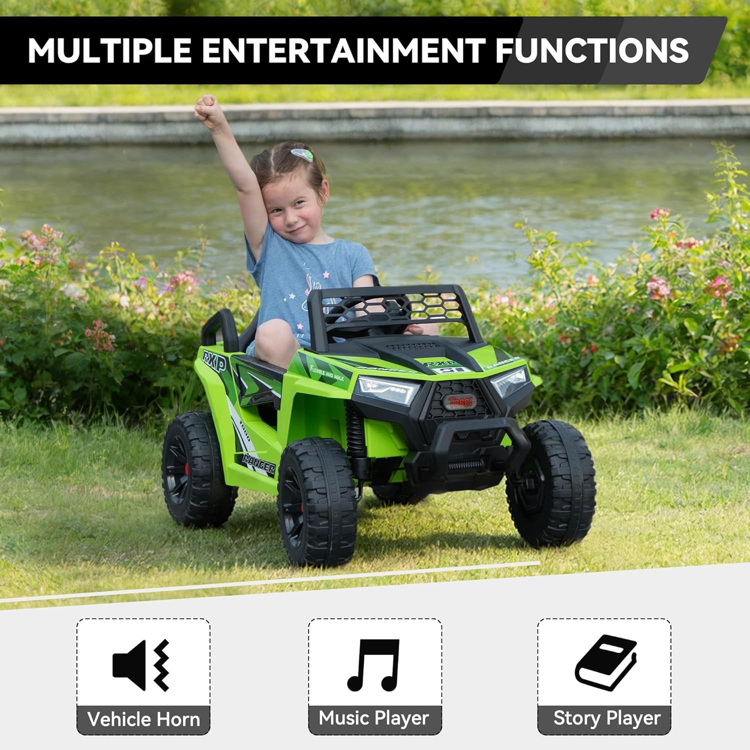 TOBBI 12V Kids Electric UTV Toy Battery Powered Off-Road Car with LED Lights