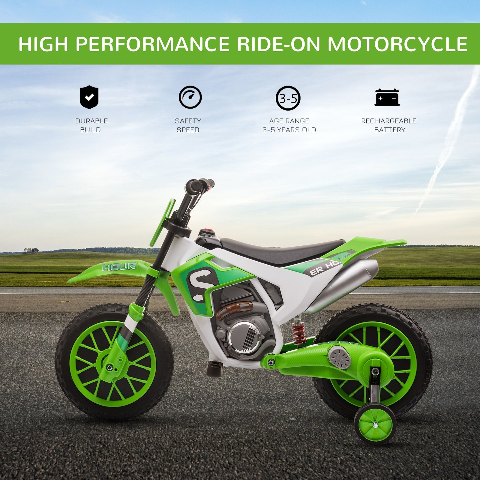 Rechargeable Ride-On Motorbike 12V 66lb Load 3-5 Years Green