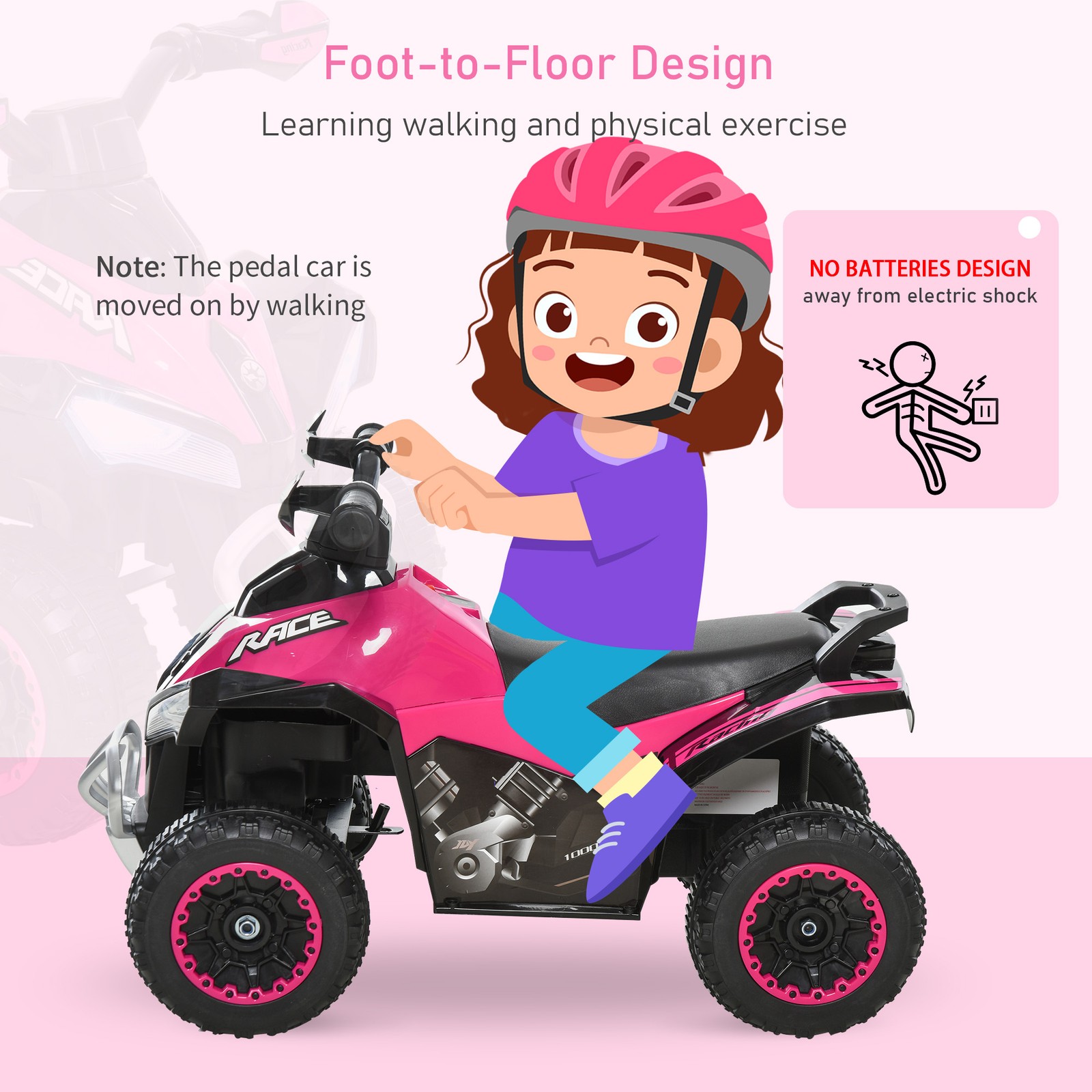 Kids Toy 4 Wheel Quad Foot-to-Floor Sliding Walking Car NO POWER 18-36M, Pink