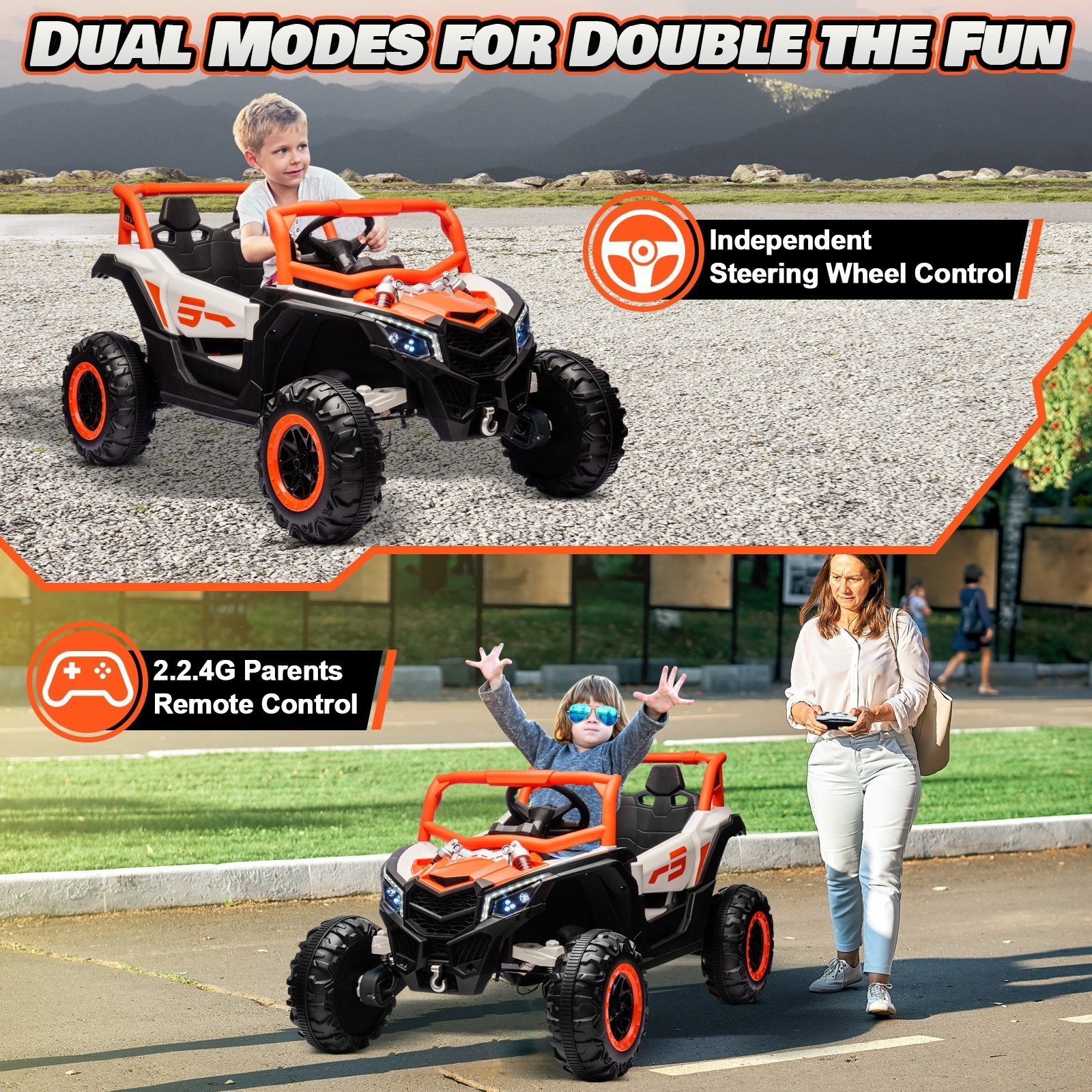 24V 4WD Kid 2-Seat UTV Ride On Toy LED Bluetooth Spring Suspension Birthday Gift
